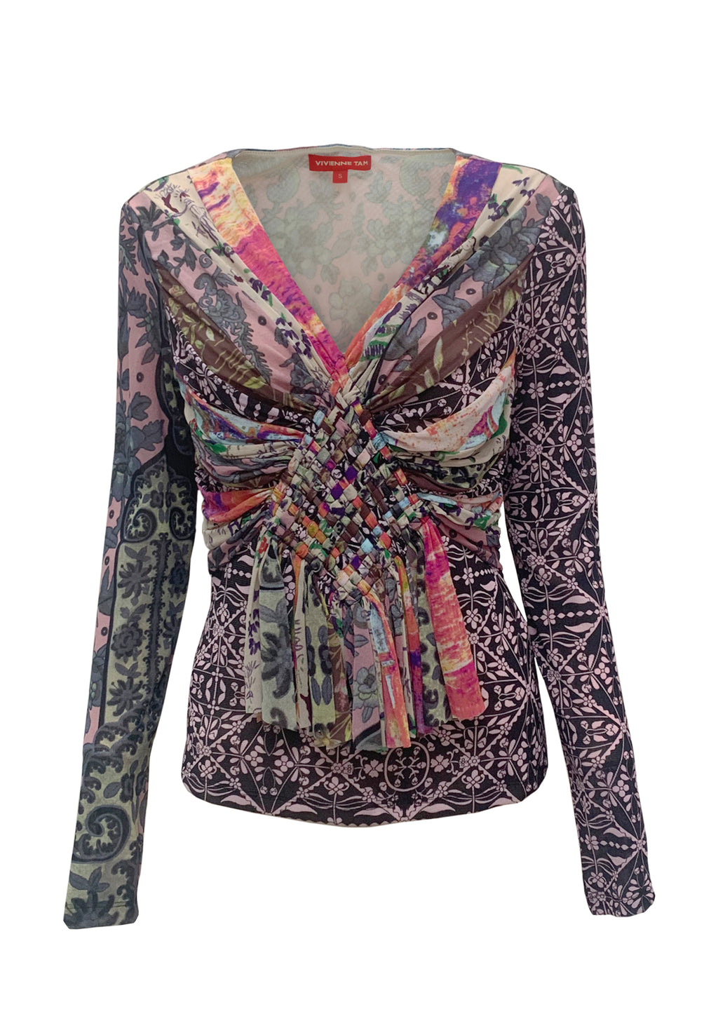 PATCHWORK PRINT ON ST NETTING LONG SLEEVES V-NECK TOP