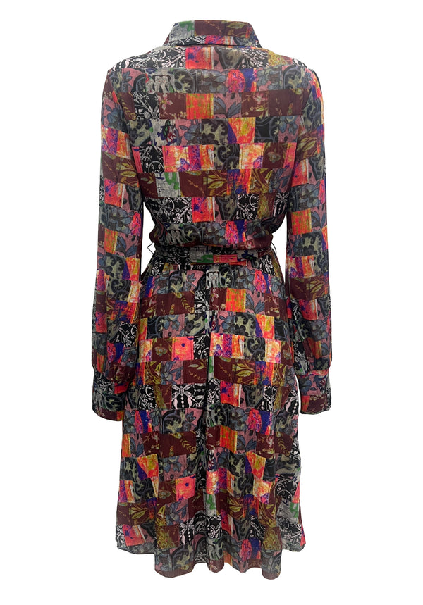 PATCHWORK WEAVE PRINT ST NETTING POINTED COLLAR DRESS