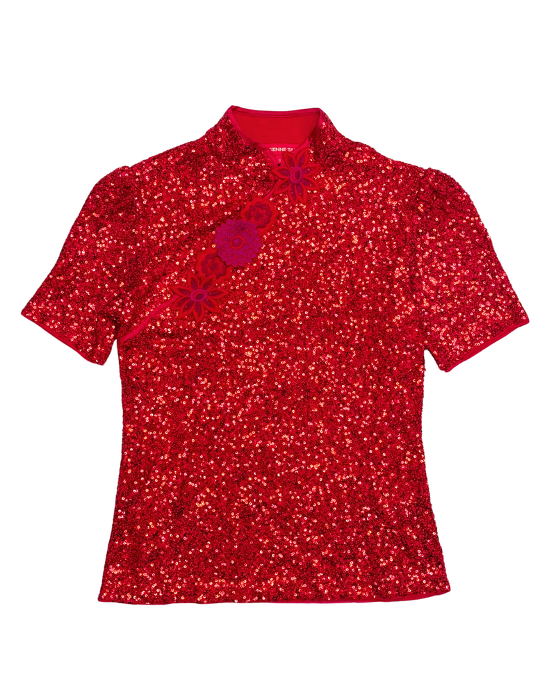 RED FLOWERS ELASTIC SEQUIN CHEONGSAM TOP – Vivienne Tam Store RED FLOWERS ELASTIC SEQUIN CHEONGSAM TOP – Vivienne Tam Store