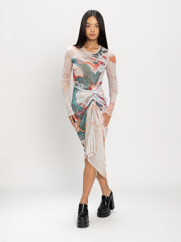 METAL & WOOD DRAGON PRINT ST NETTING DRESS