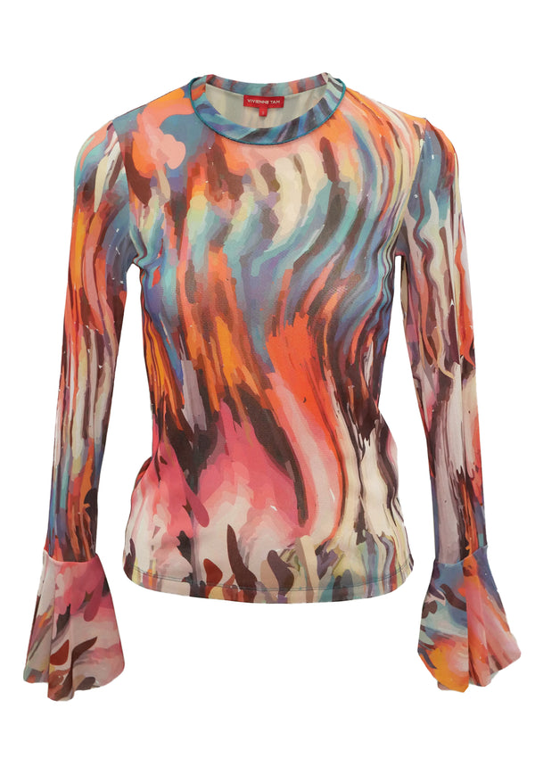 IMAGINATED GRADATION PRINT ST NETTING LONG-SLEEVED TOP
