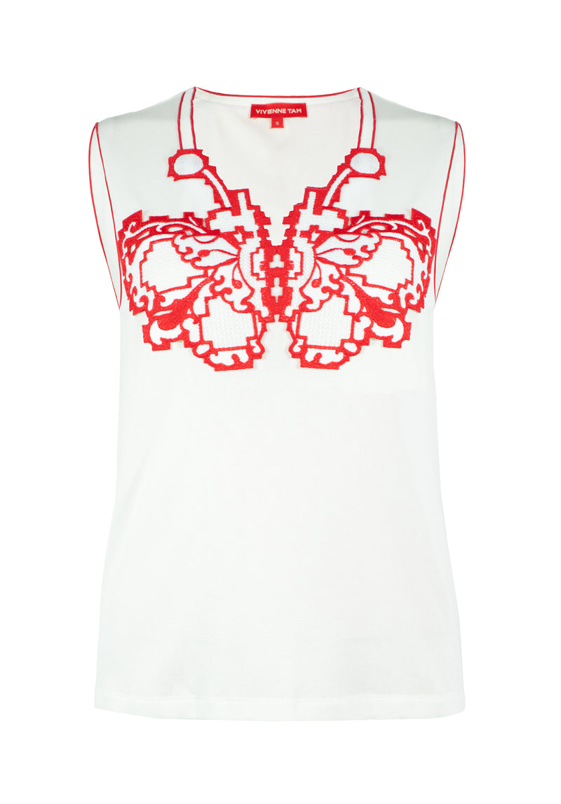 SOLID STRETCH NETTING WITH TRIM PIXEL BUTTERFLY EMB VEST TOP