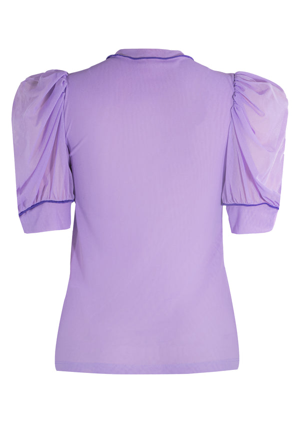 SOLID STRETCH NETTING WITH EMB BUTTERFLY PUFF SLEEVE TOP