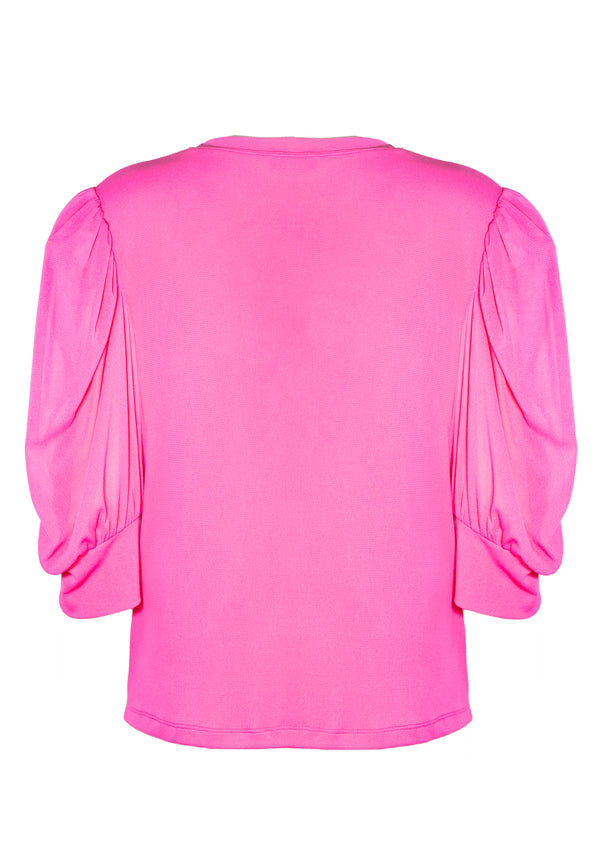 SOLID STRETCH WITH TRIM PIXEL BUTTERFLY EMB PUFF SLEEVES TOP