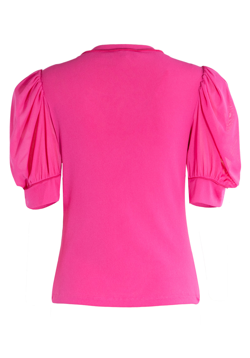 SOLID STRETCH NETTING WITH EMB BUTTERFLY PUFF SLEEVE TOP