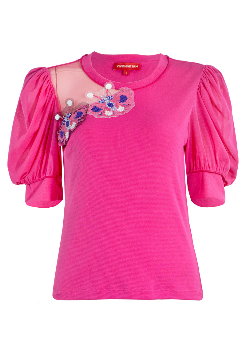 SOLID STRETCH NETTING WITH EMB BUTTERFLY PUFF SLEEVE TOP
