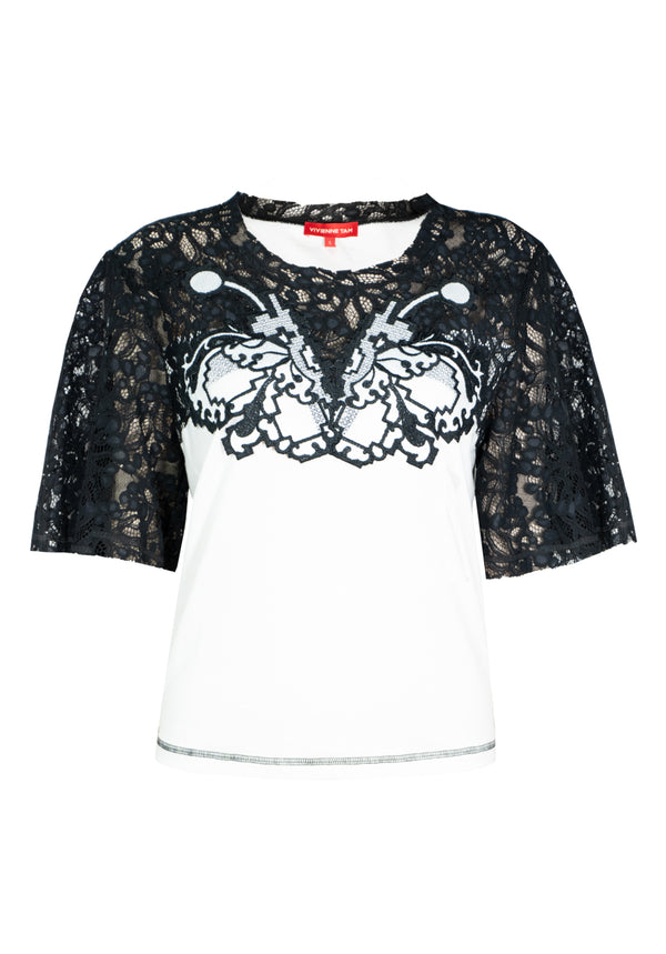 LACE & PIXEL BUTTERFLY EMBROIDERY PATCH ON COTTON TOP