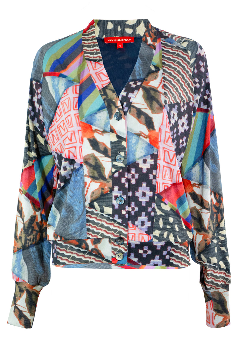 TRIANGLE PATTERN PATCHWORK PRINT ST NETTING CARDIGAN