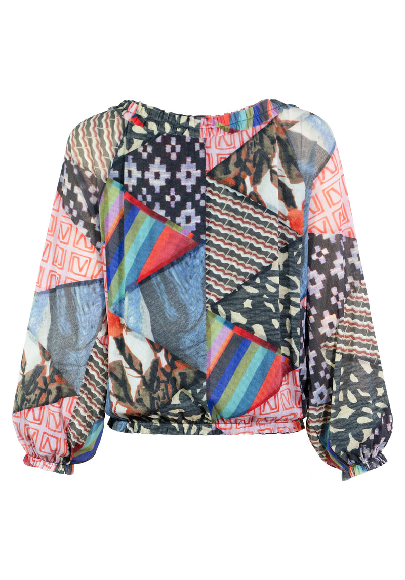 TRIANGLE PATTERN PATCHWORK PRINT ST NETTING GYPSY BLOUSE