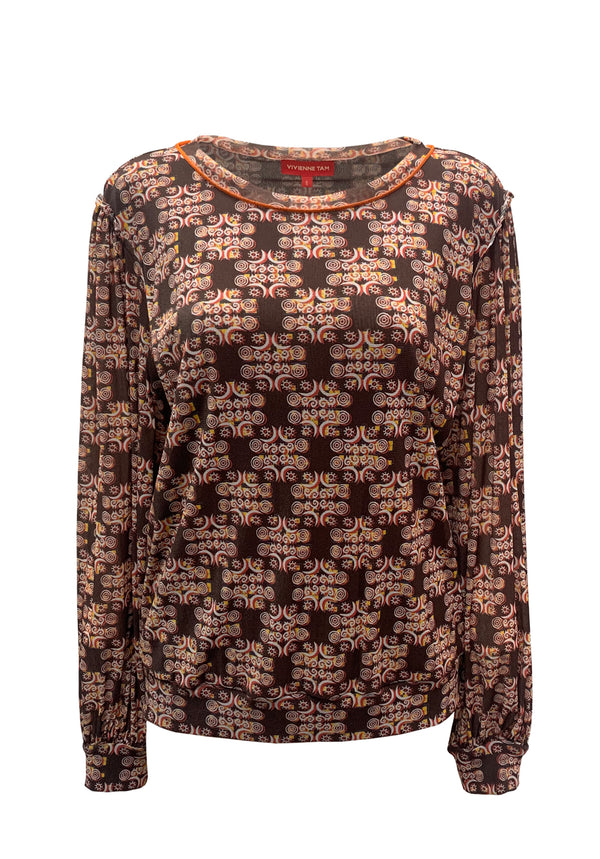 SOLIDARITY PRINT ST NETTING ROUND NECK LONG SLEEVE TOP