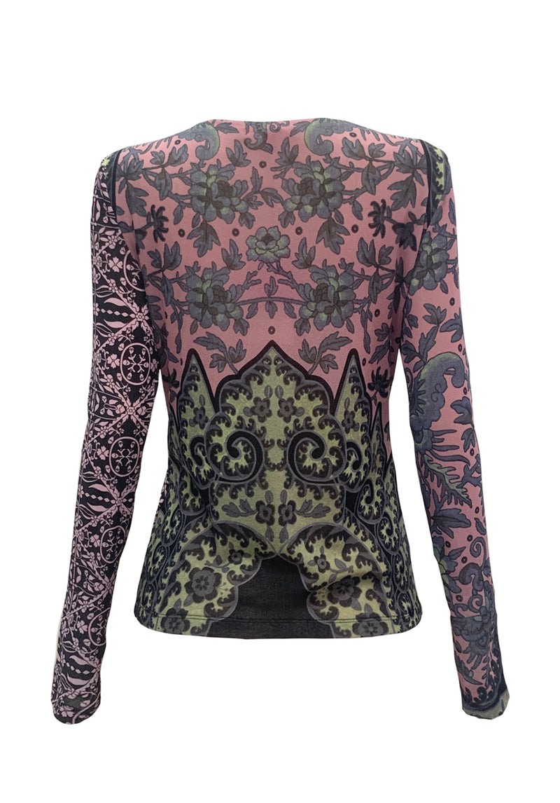 PATCHWORK PRINT ON ST NETTING LONG SLEEVES V-NECK TOP