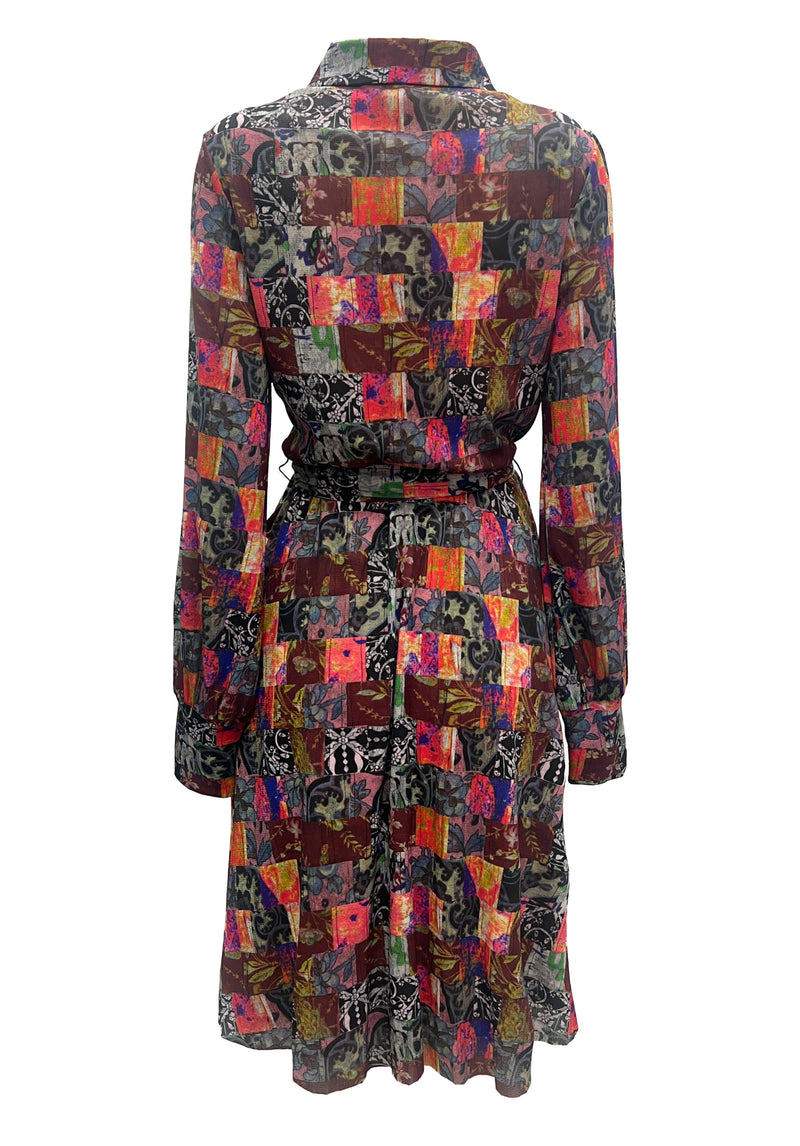PATCHWORK WEAVE PRINT ST NETTING POINTED COLLAR DRESS