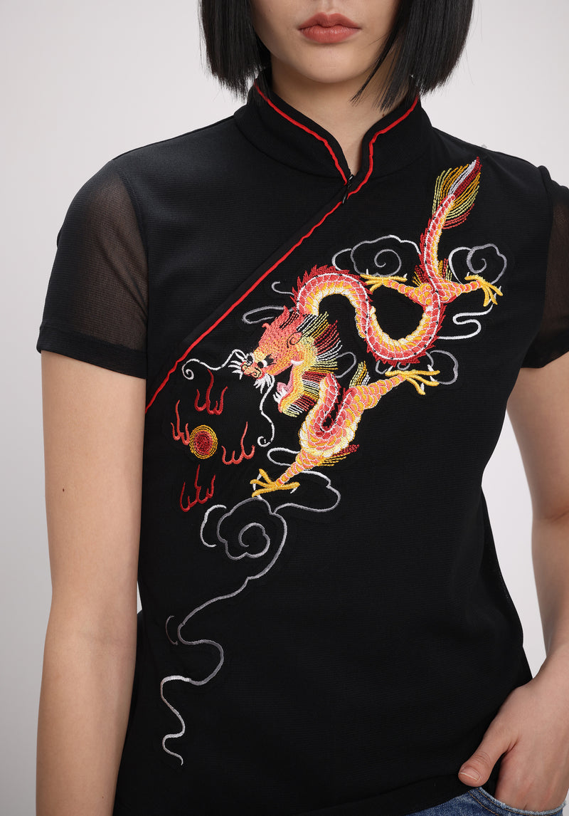 DRAGON & PHOENIX EMB ON ST NETTING CHEONGSAM TOP