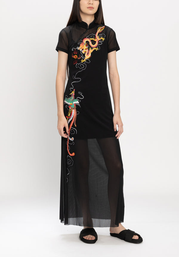 DRAGON & PHOENIX EMB ON ST NETTING CHEONGSAM