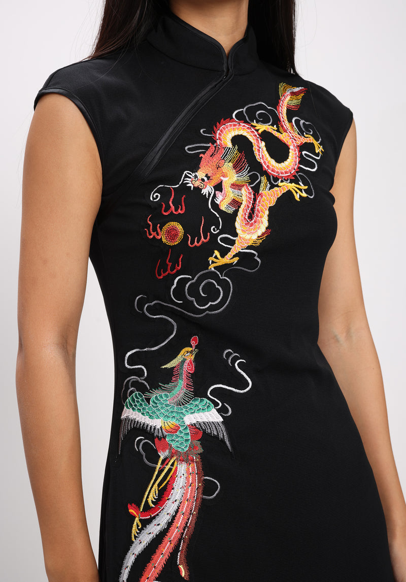 DRAGON & PHOENIX EMB ON ST NETTING CHEONGSAM DRESS