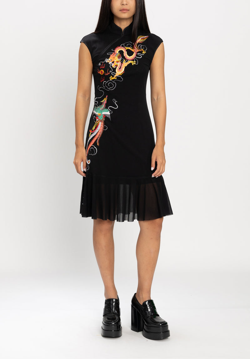 DRAGON & PHOENIX EMB ON ST NETTING CHEONGSAM DRESS