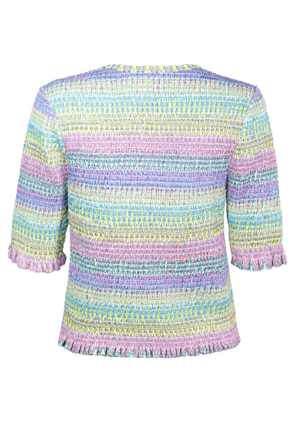 STRIPED KNIT SMOCKED RUFFLE TOP