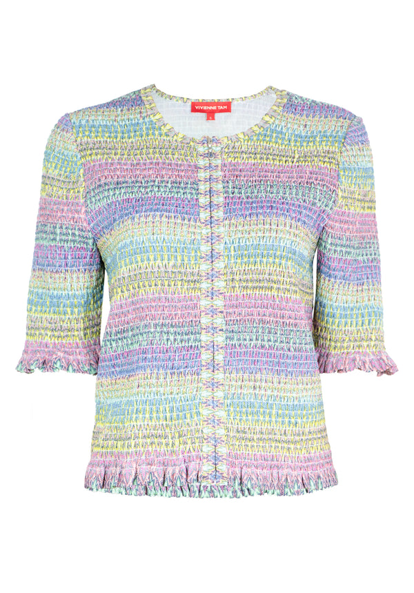 STRIPED KNIT SMOCKED RUFFLE TOP