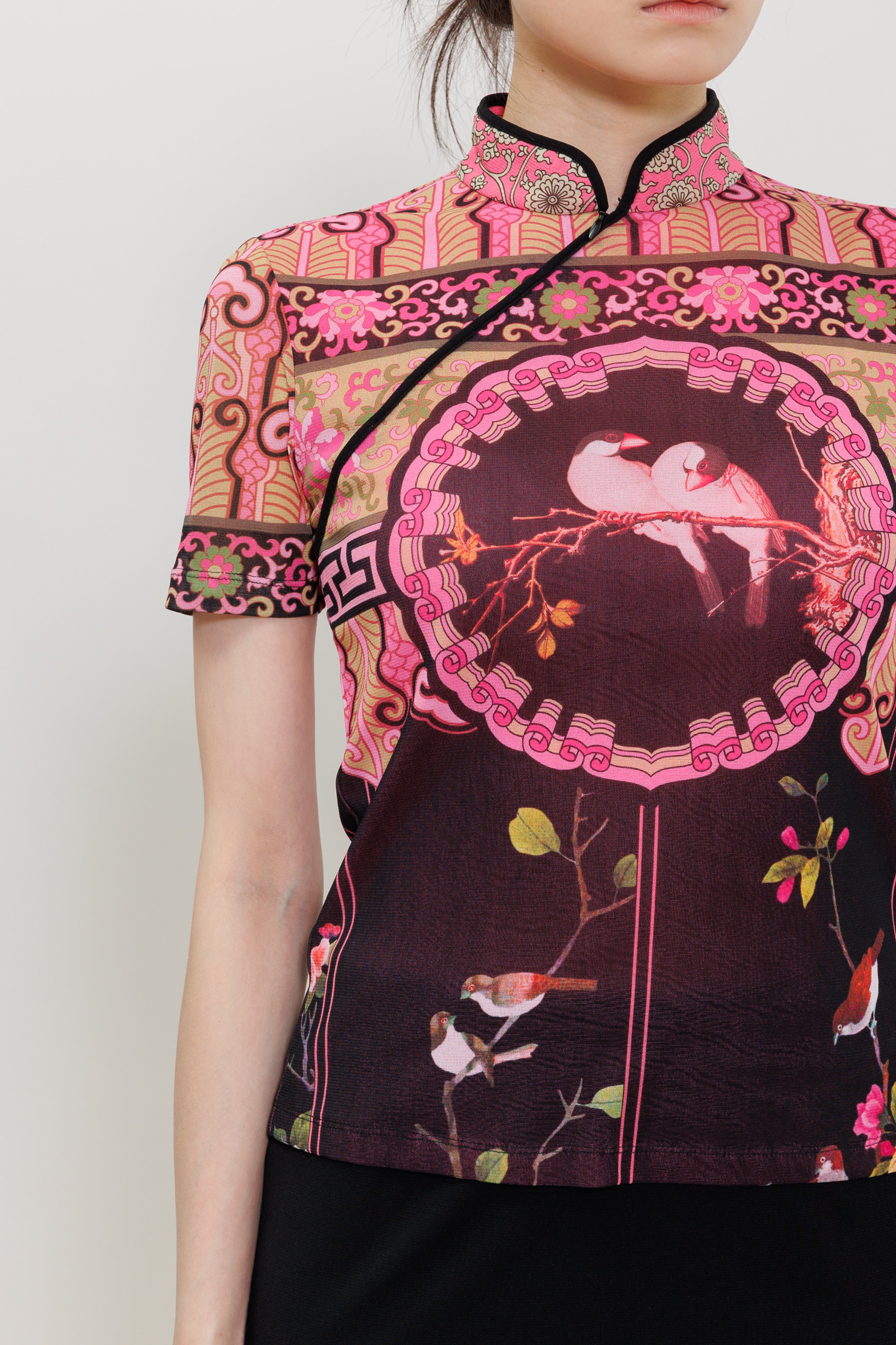 Joyful Garden Bird Print Qipao Top