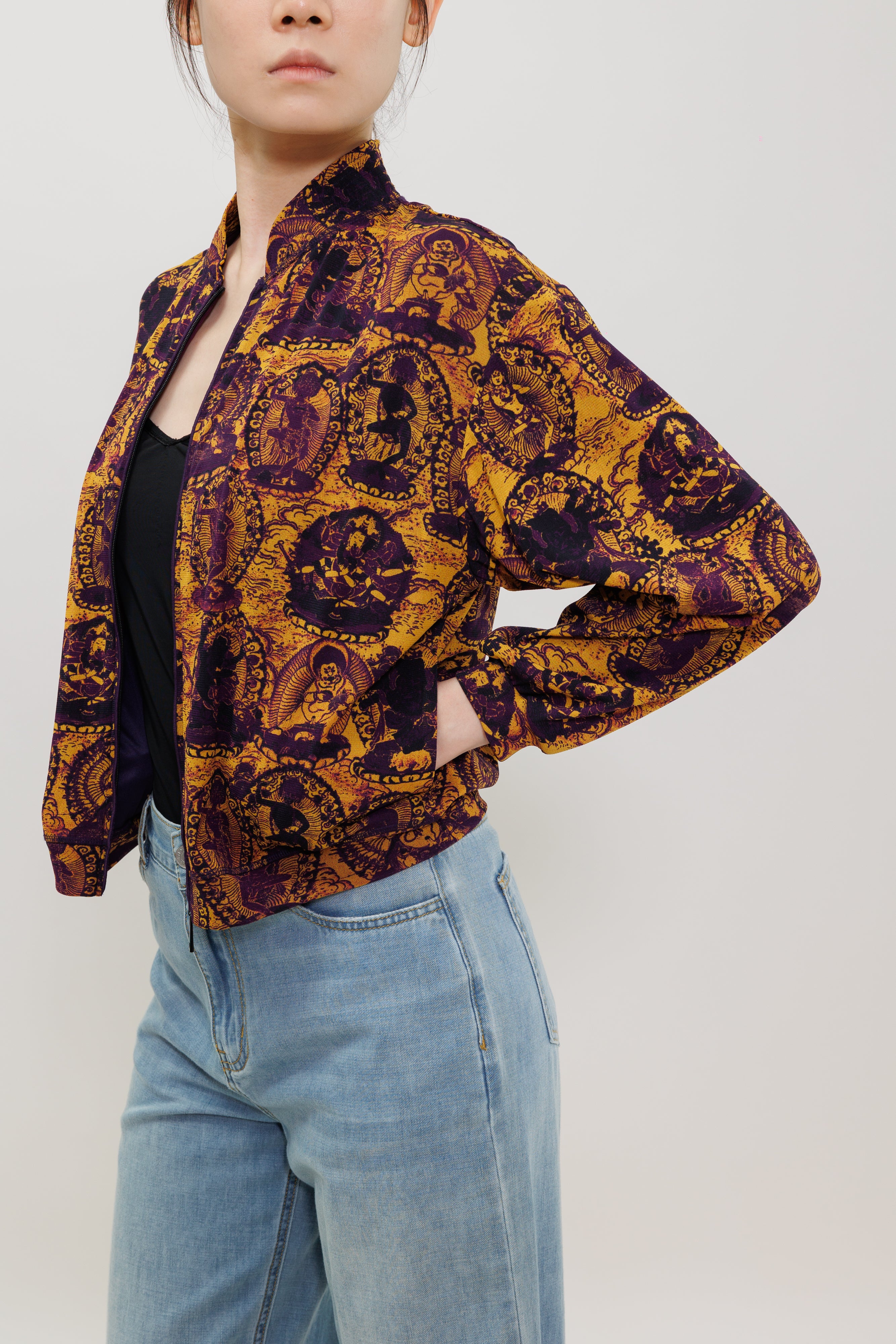 Tanka Buddha Print Mesh Bomber Jacket