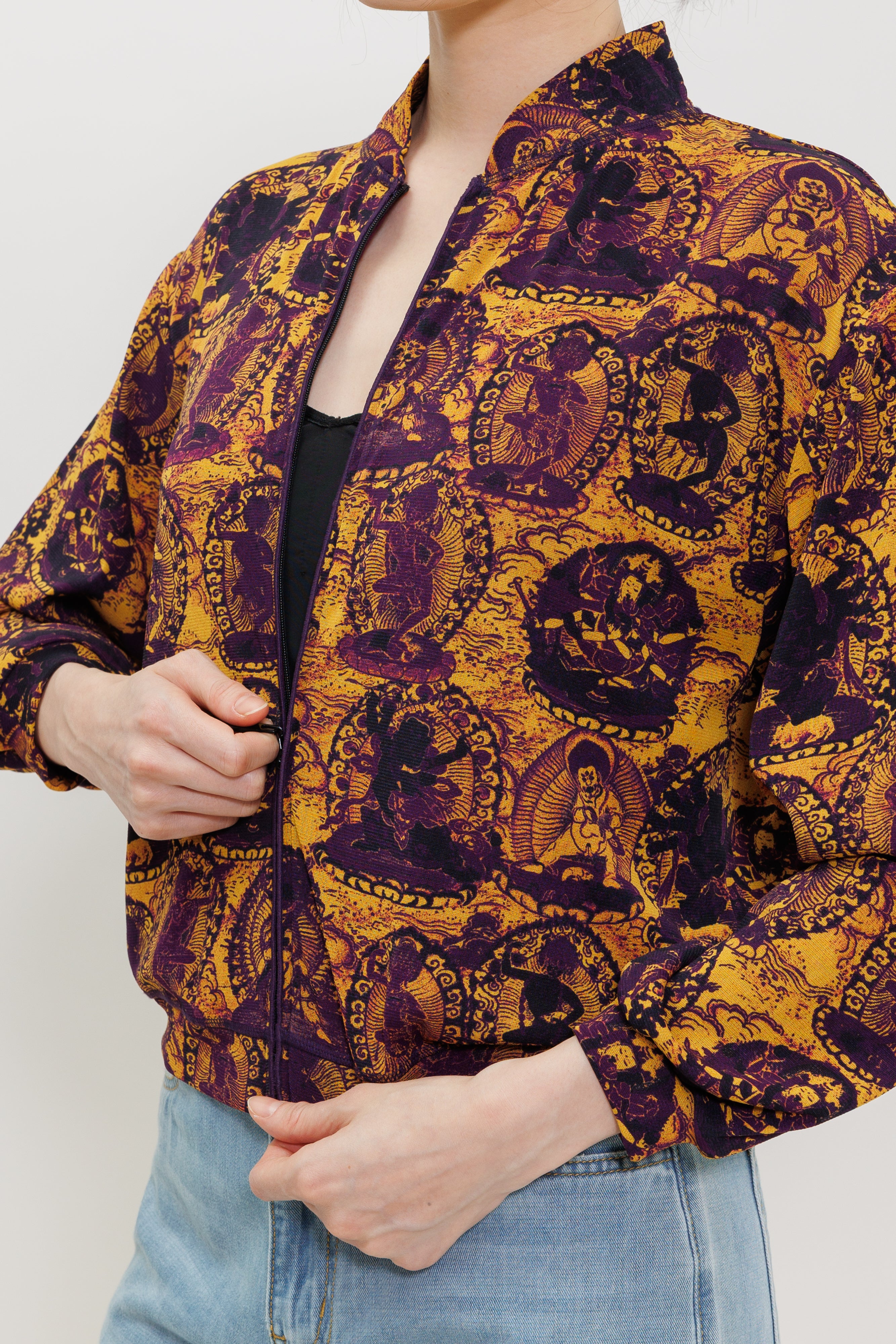 Tanka Buddha Print Mesh Bomber Jacket