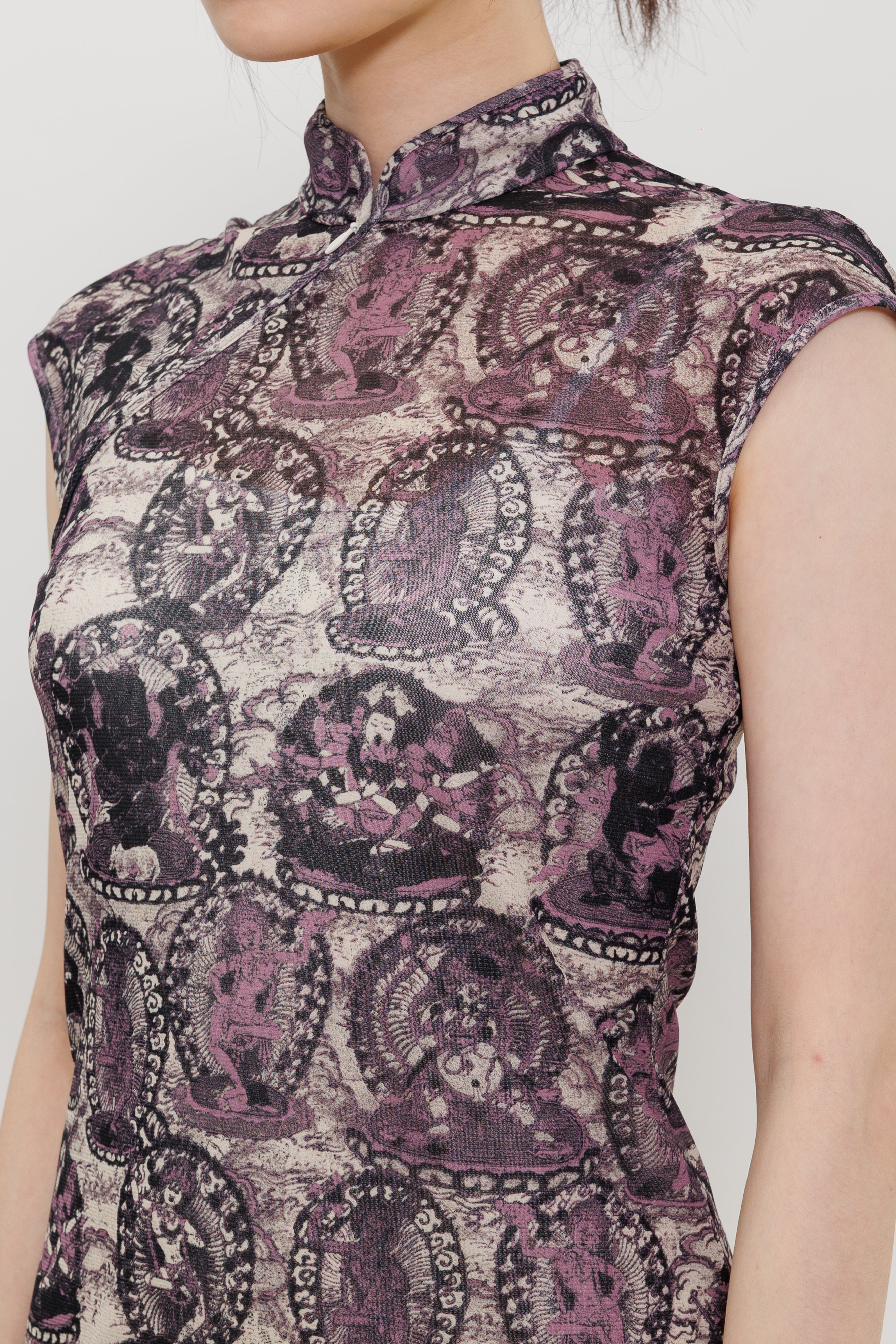 Tanka Buddha Print Qipao mini Dress