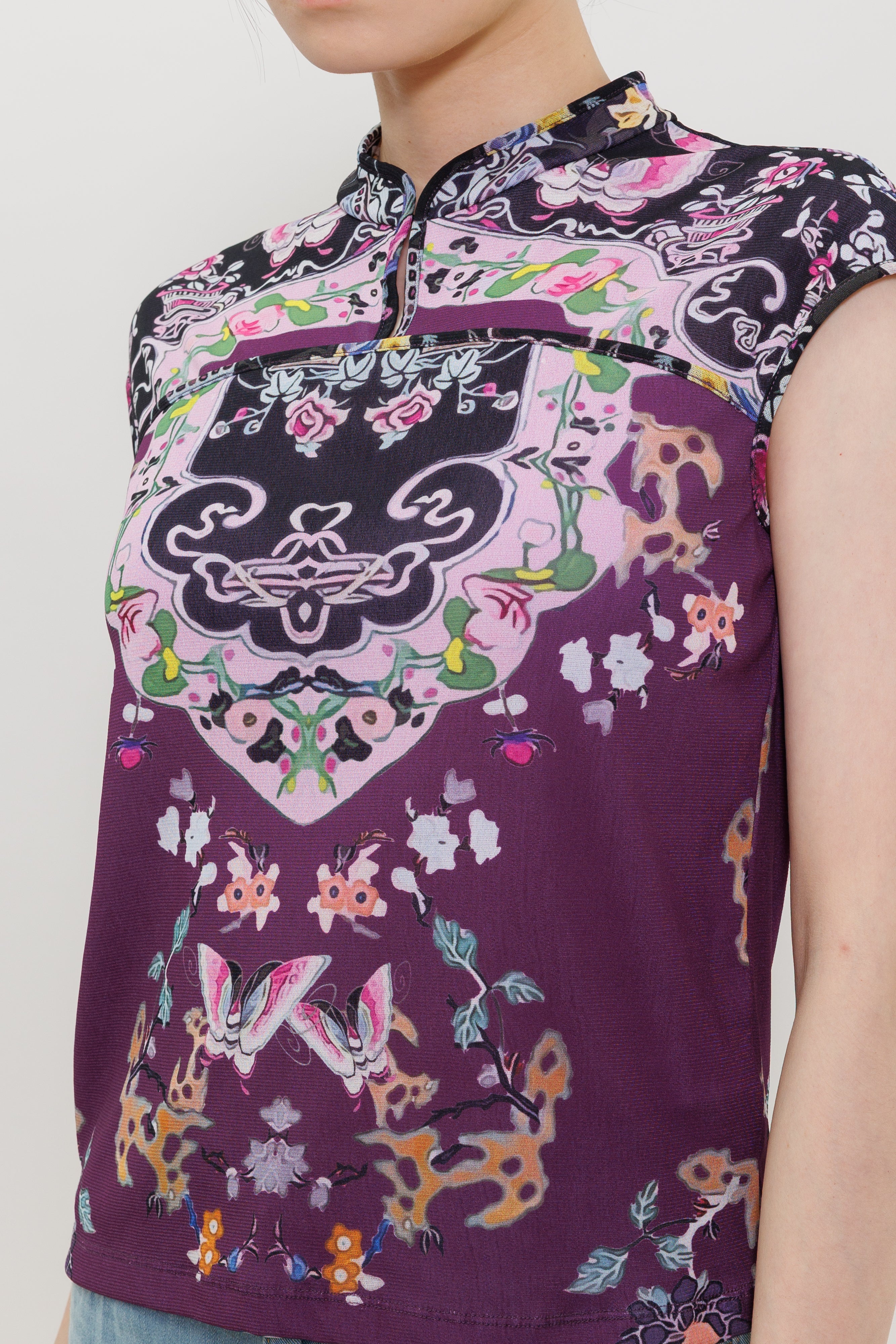 Plum Color Butterfly Garden Print Qipao Top