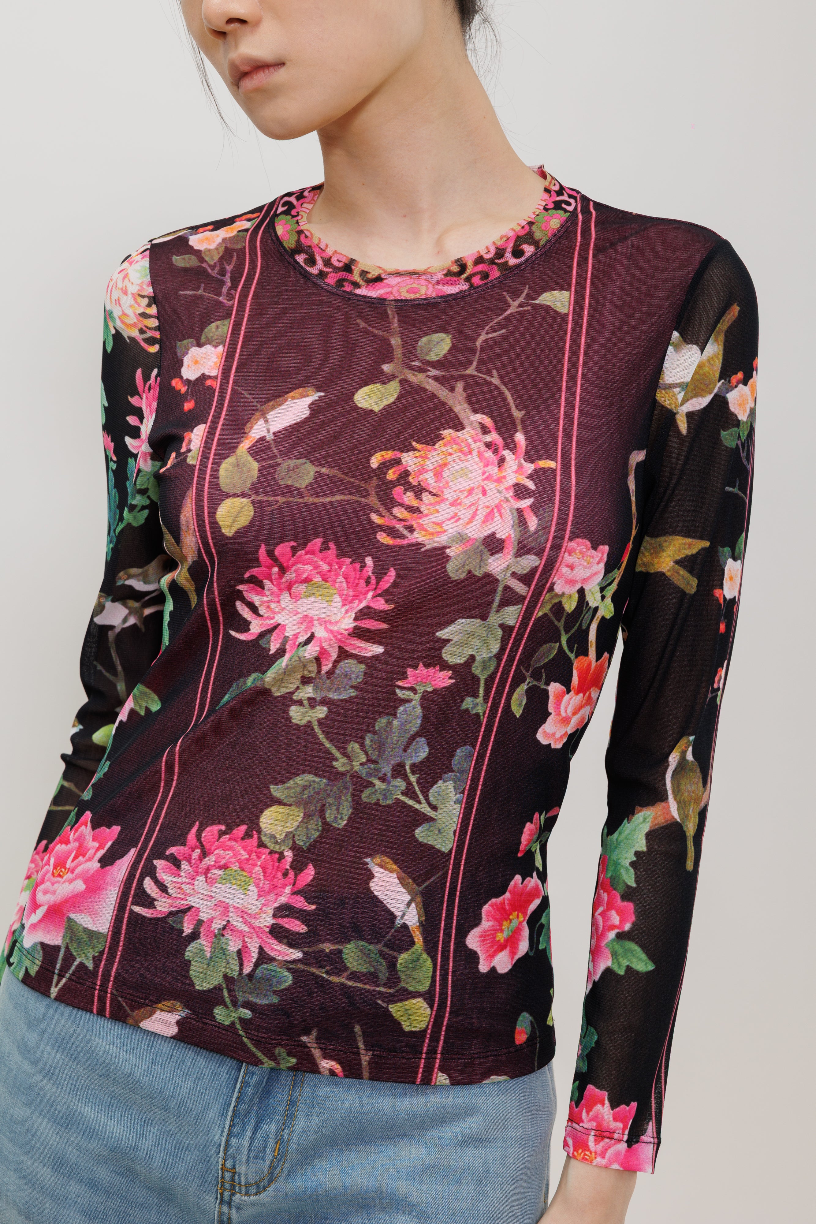 Peony & Butterfly Print Long Sleeve Top