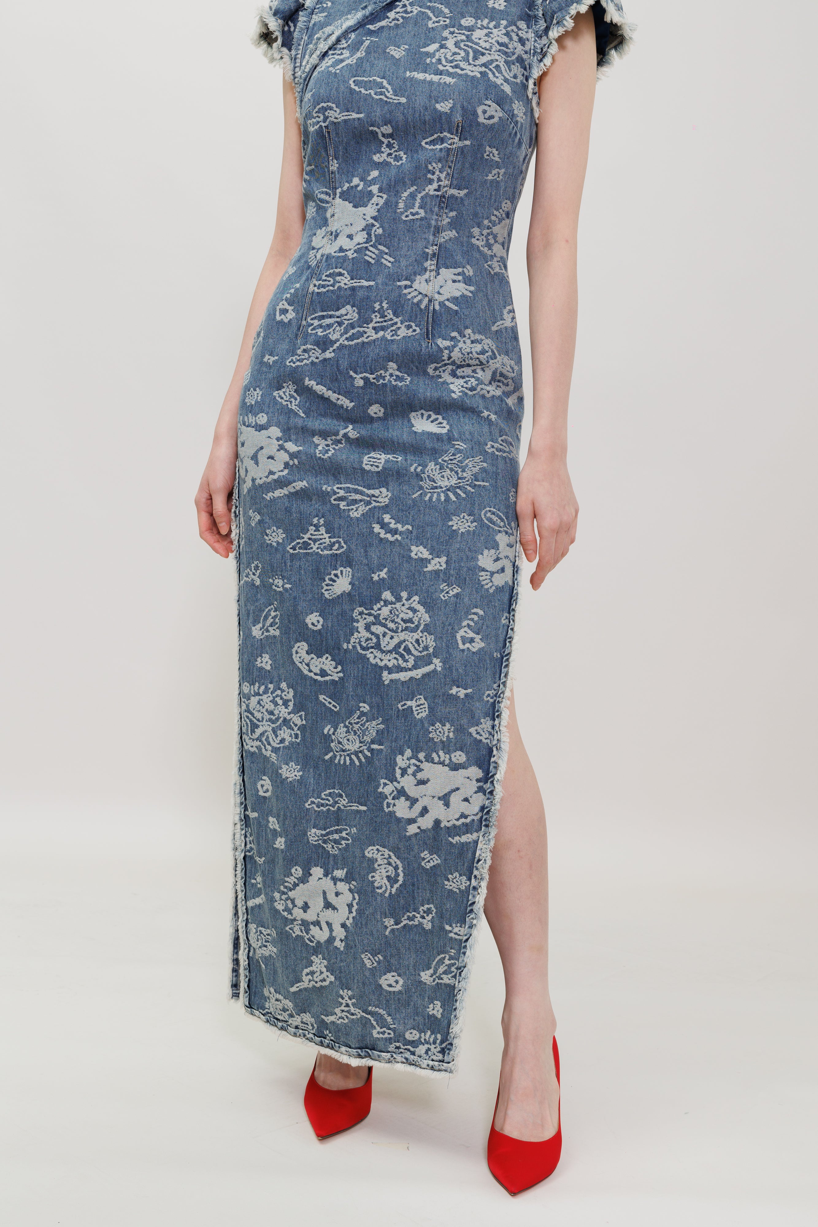 Graffiti Dragon Jacquard Denim Qipao Maxi Dress