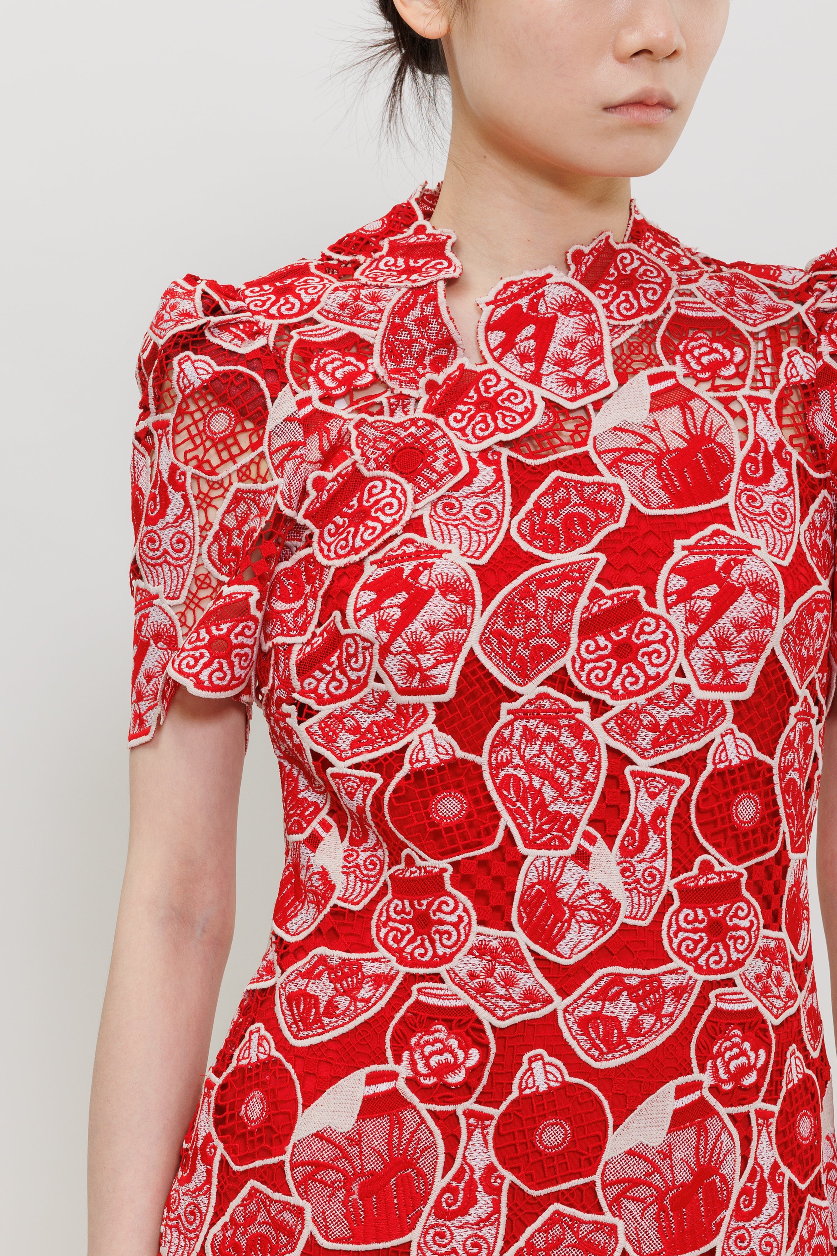 Ceremic Cluster Lace Qipao Mini Dress