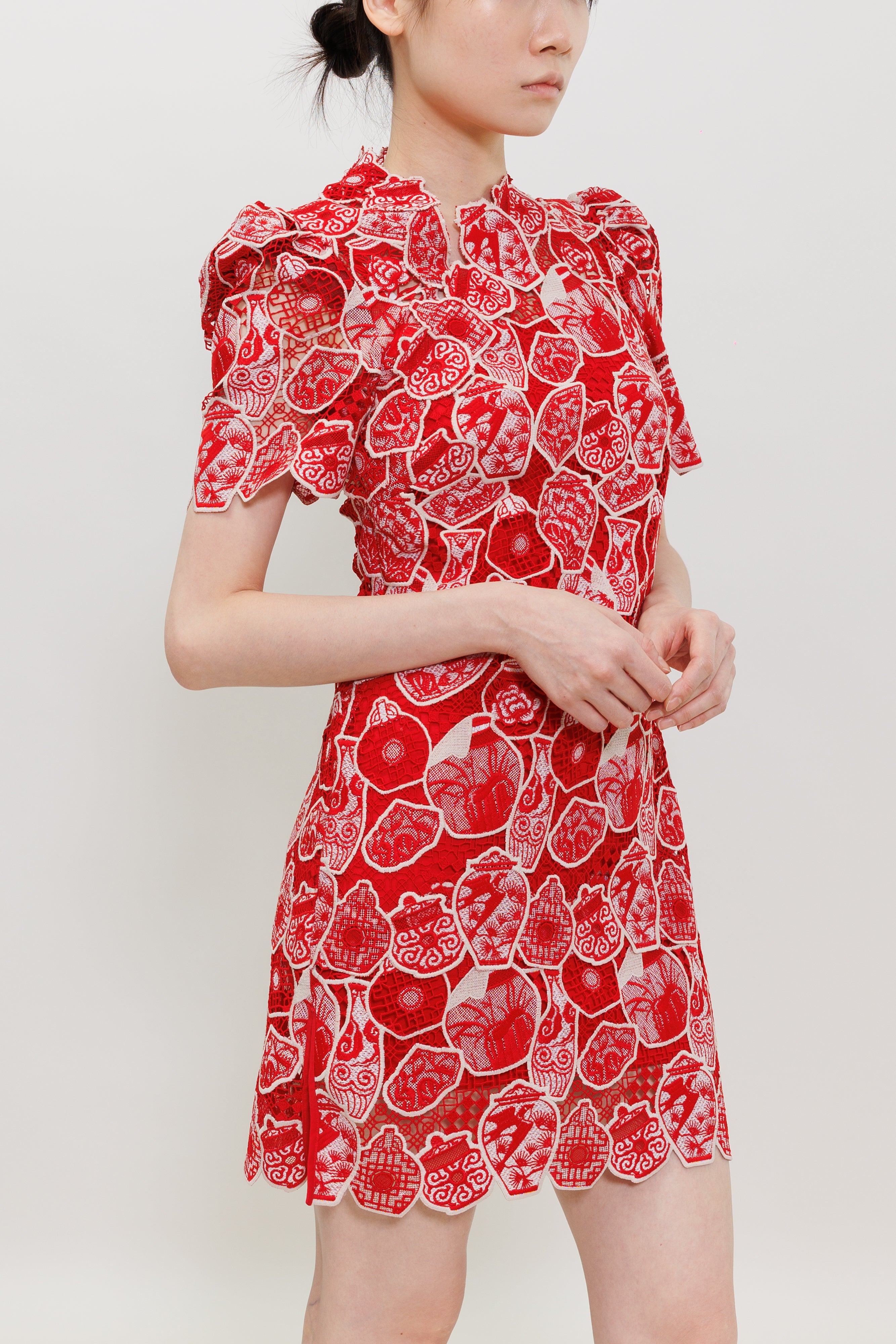 Ceremic Cluster Lace Qipao Mini Dress