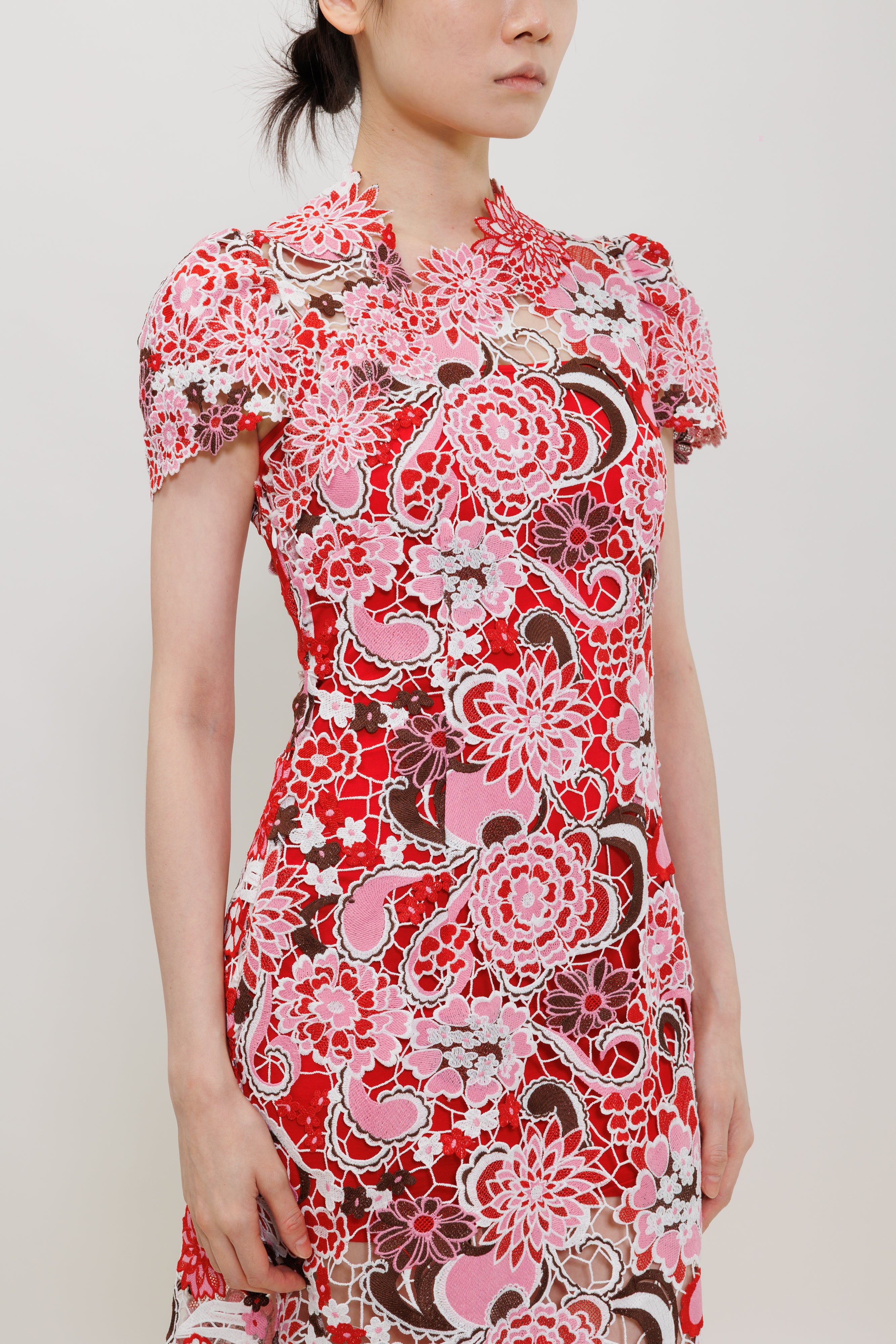 Miao Flower Lace Qipao Midi Dress