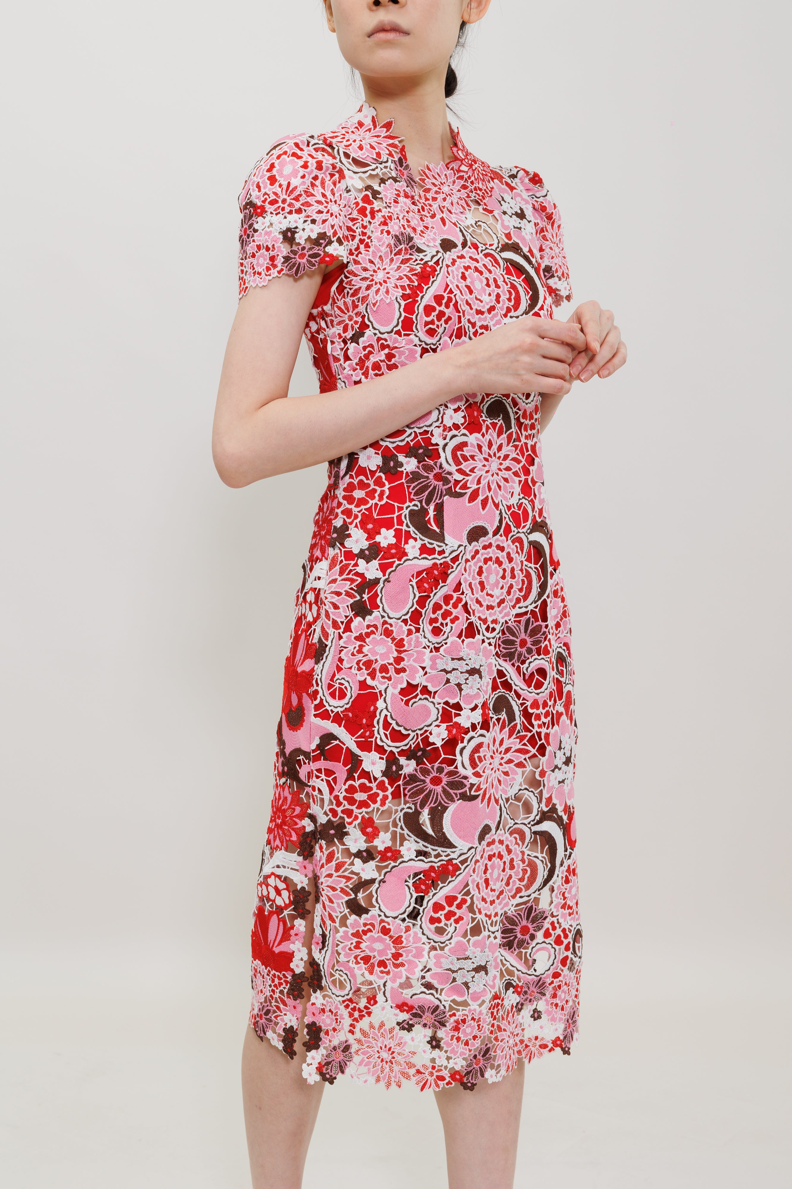 Miao Flower Lace Qipao Midi Dress