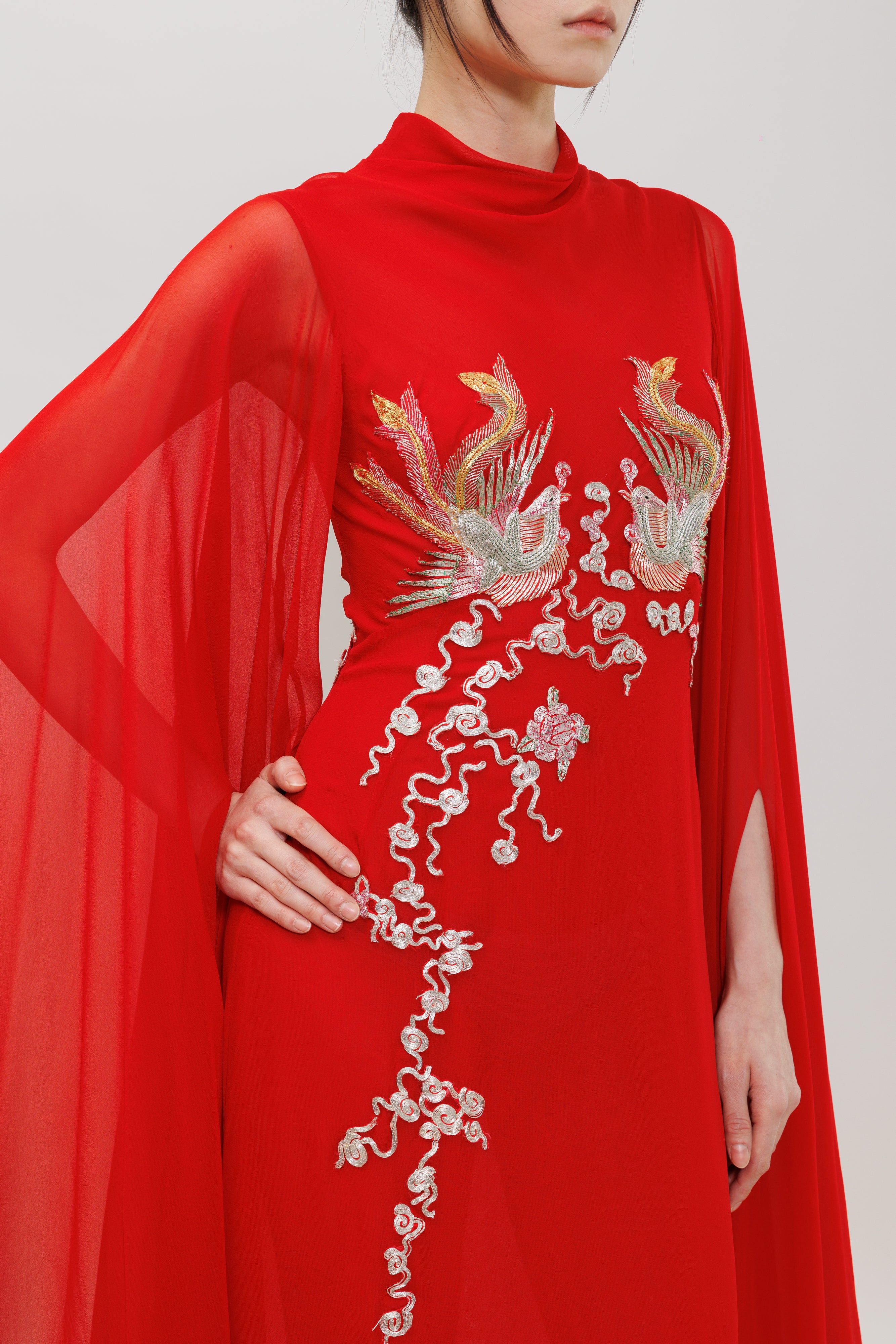 Phoenix Embroidery Silk Chiffon Gown