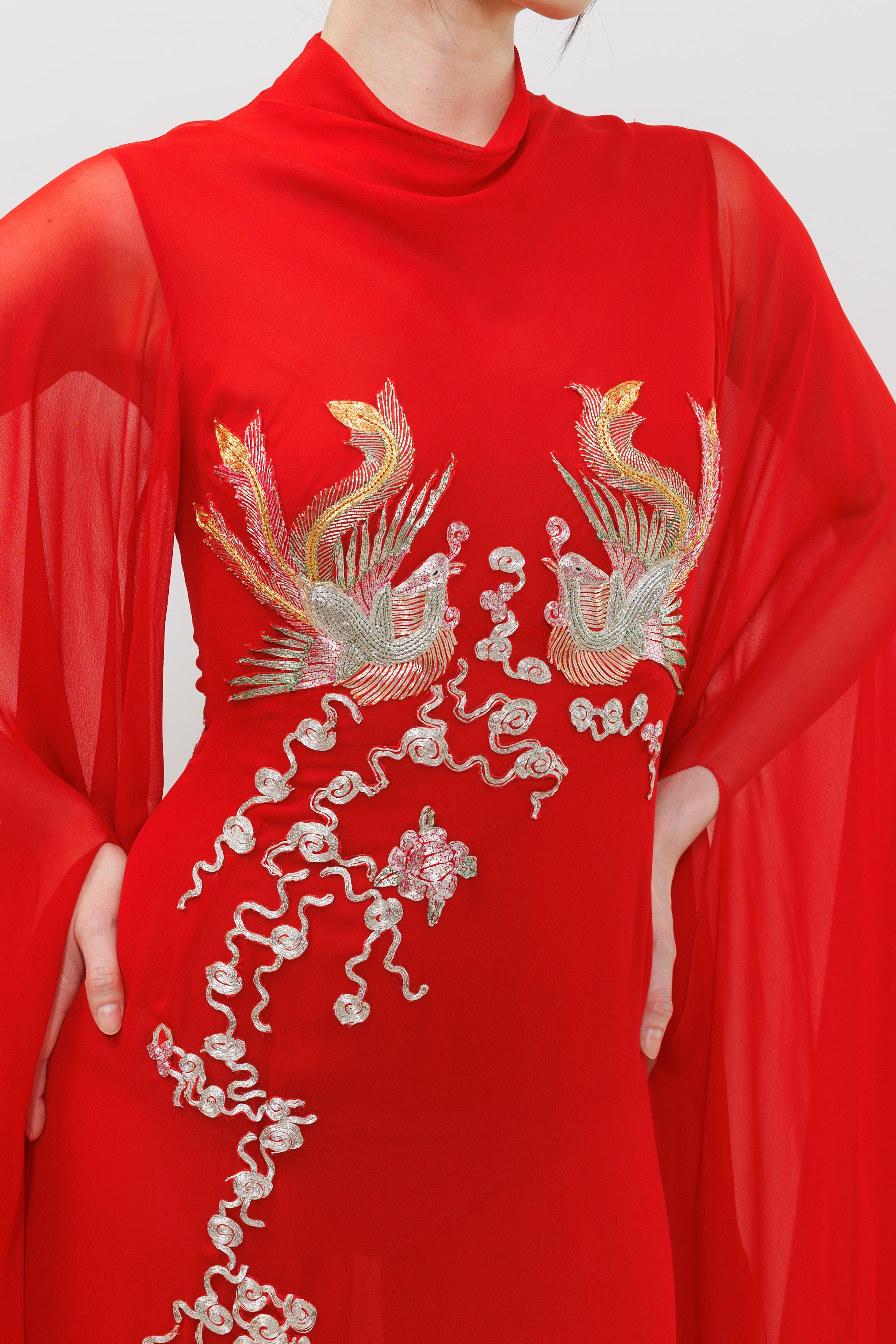 Phoenix Embroidery Silk Chiffon Gown