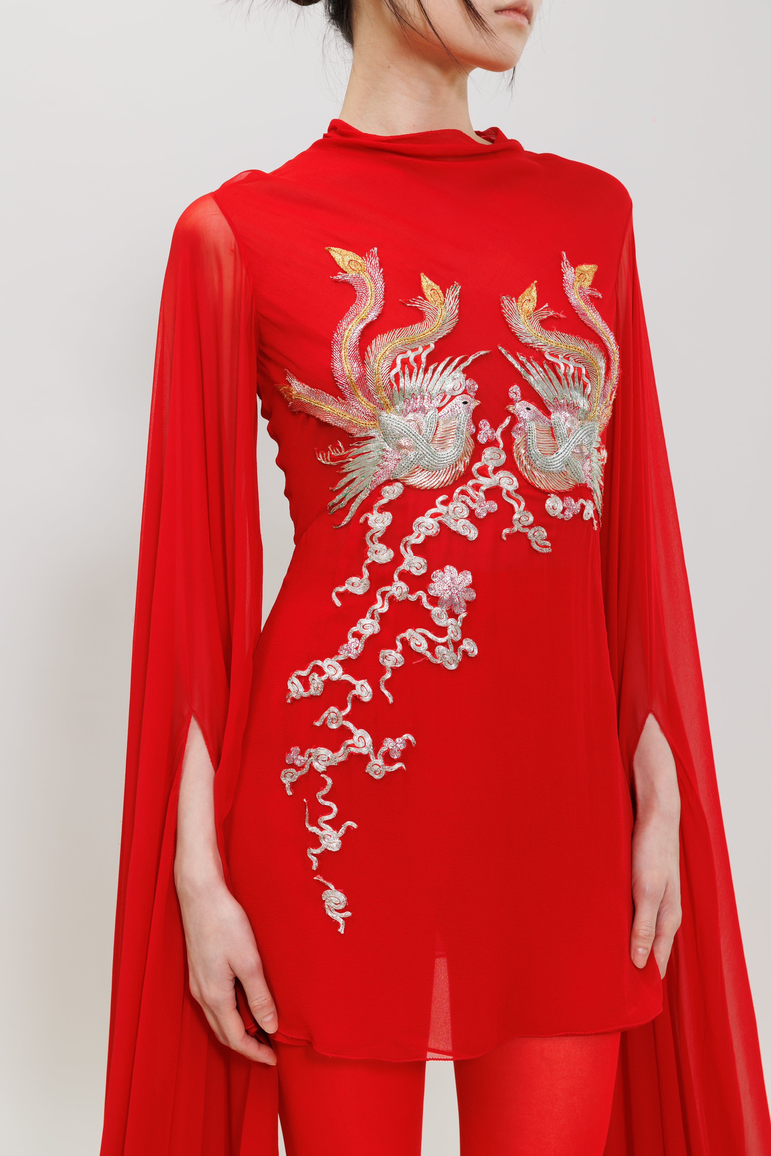 Phoenix Embroidery Silk Chiffon Mini Gown