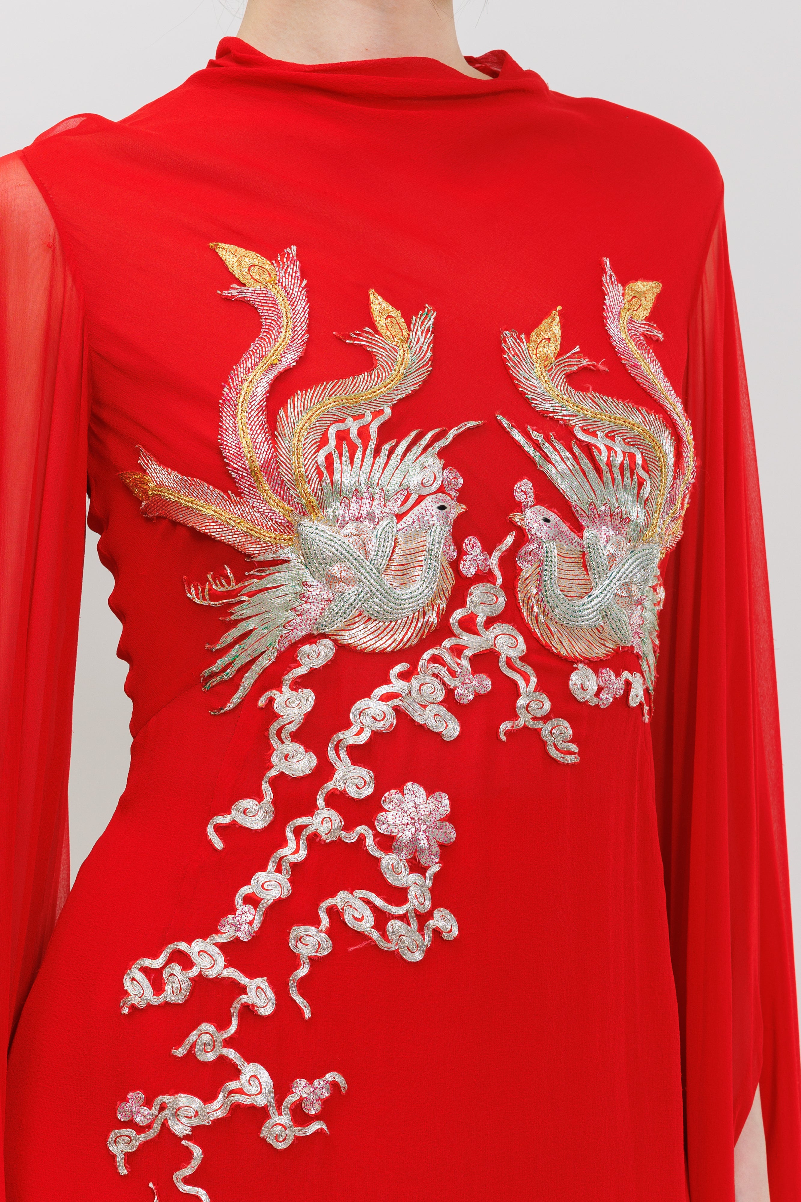 Phoenix Embroidery Silk Chiffon Mini Gown