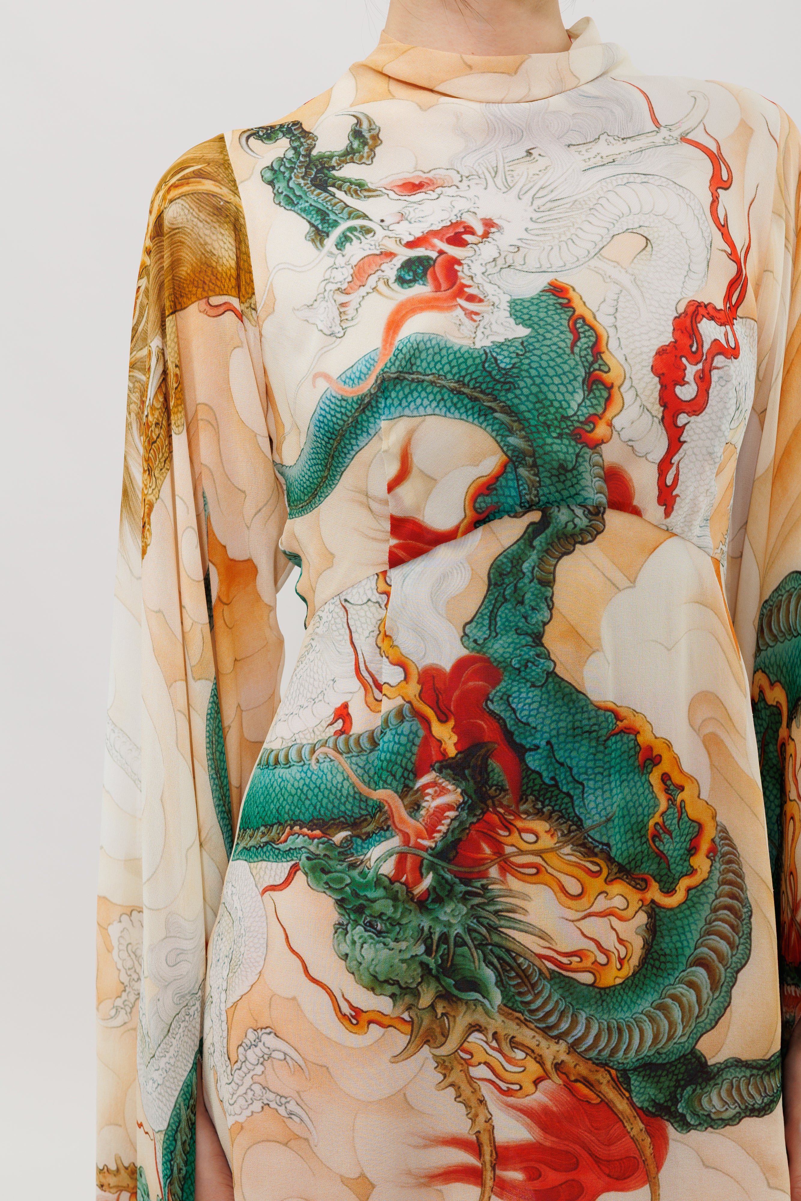 Five Elements Green Dragon Printed Silk Mini Dress