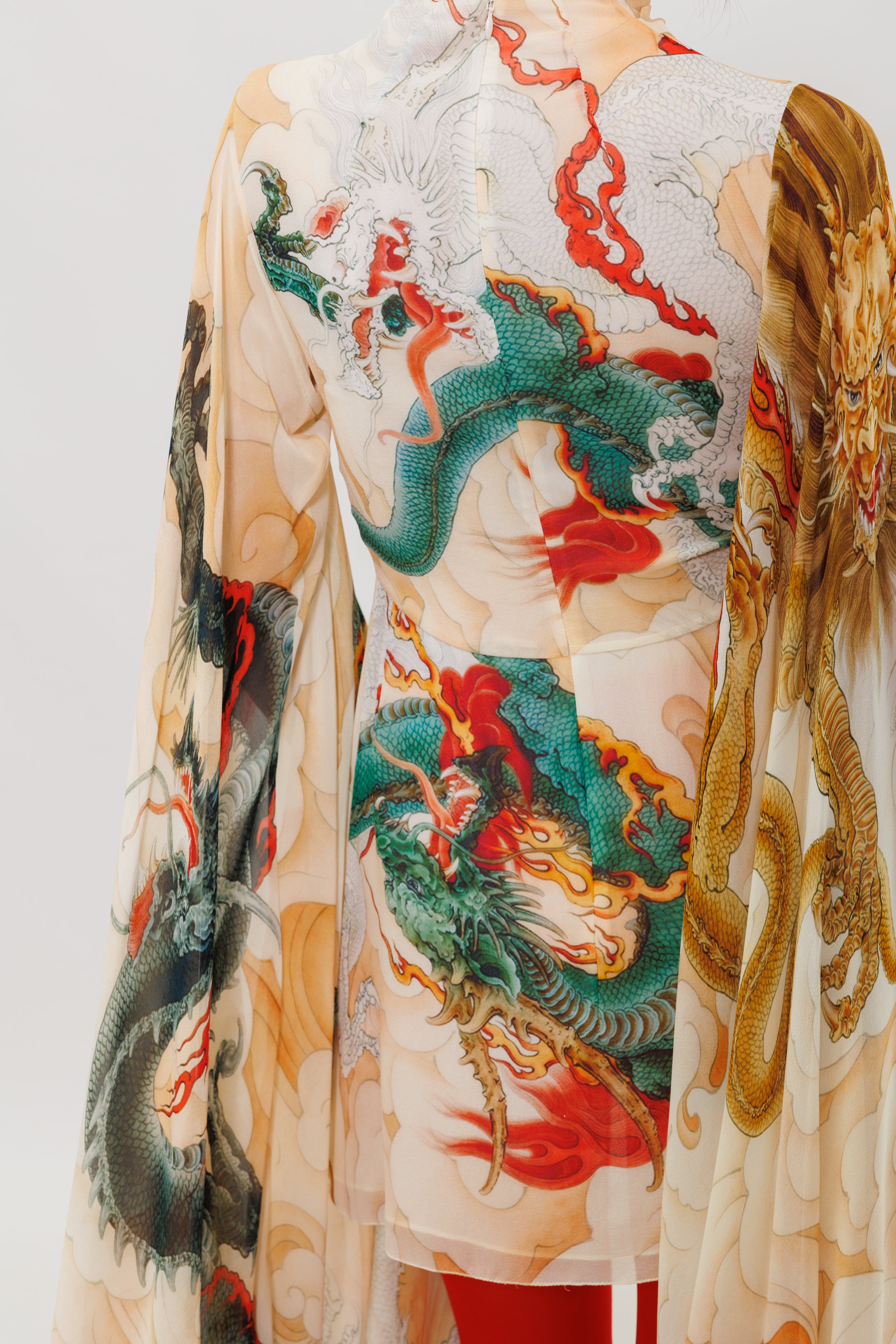 Five Elements Green Dragon Printed Silk Mini Dress