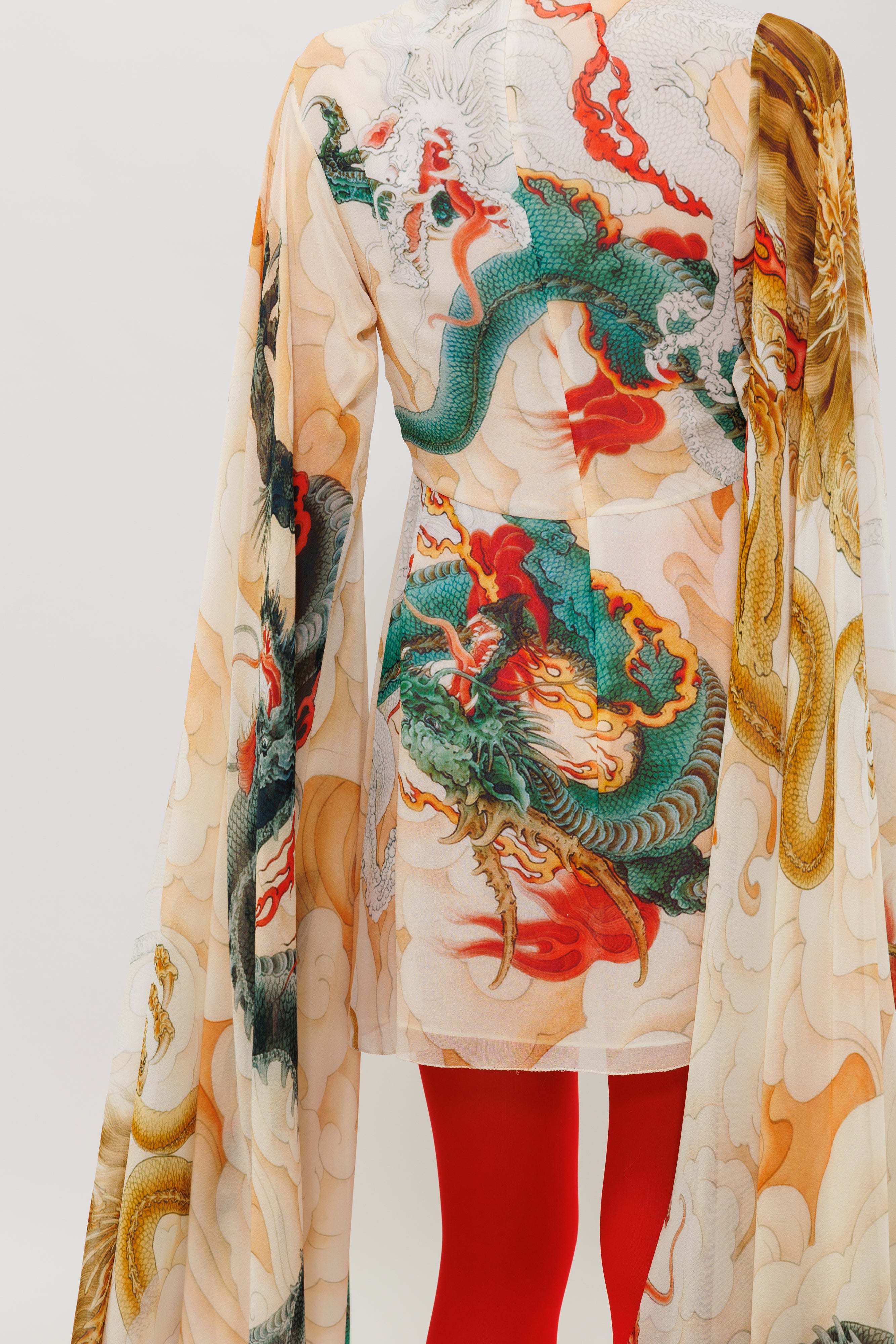 Five Elements Green Dragon Printed Silk Mini Dress