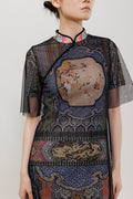 Garden Print Mesh Overlay Qipao Maxi Dress