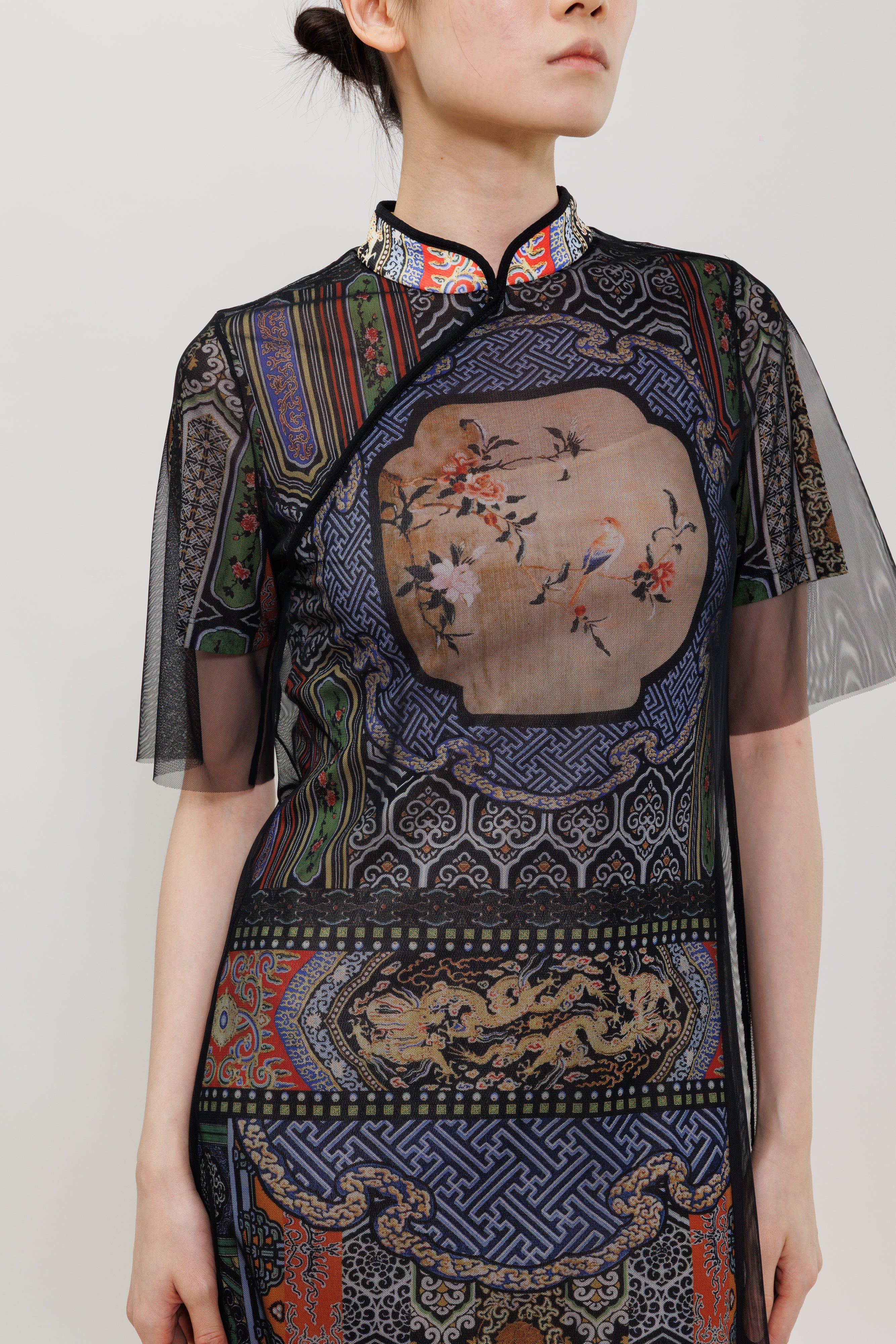 Garden Print Mesh Overlay Qipao Maxi Dress