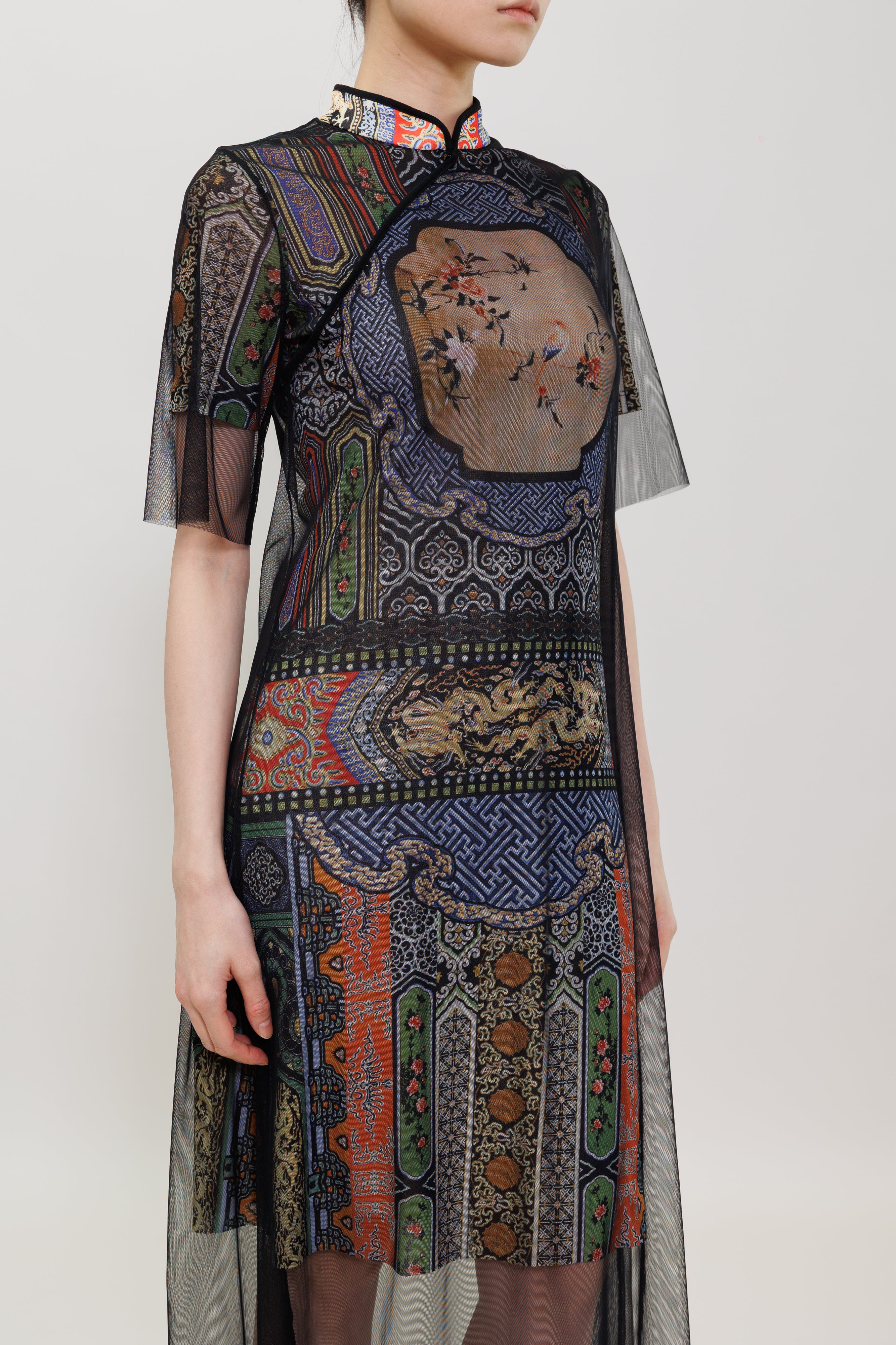 Garden Print Mesh Overlay Qipao Maxi Dress