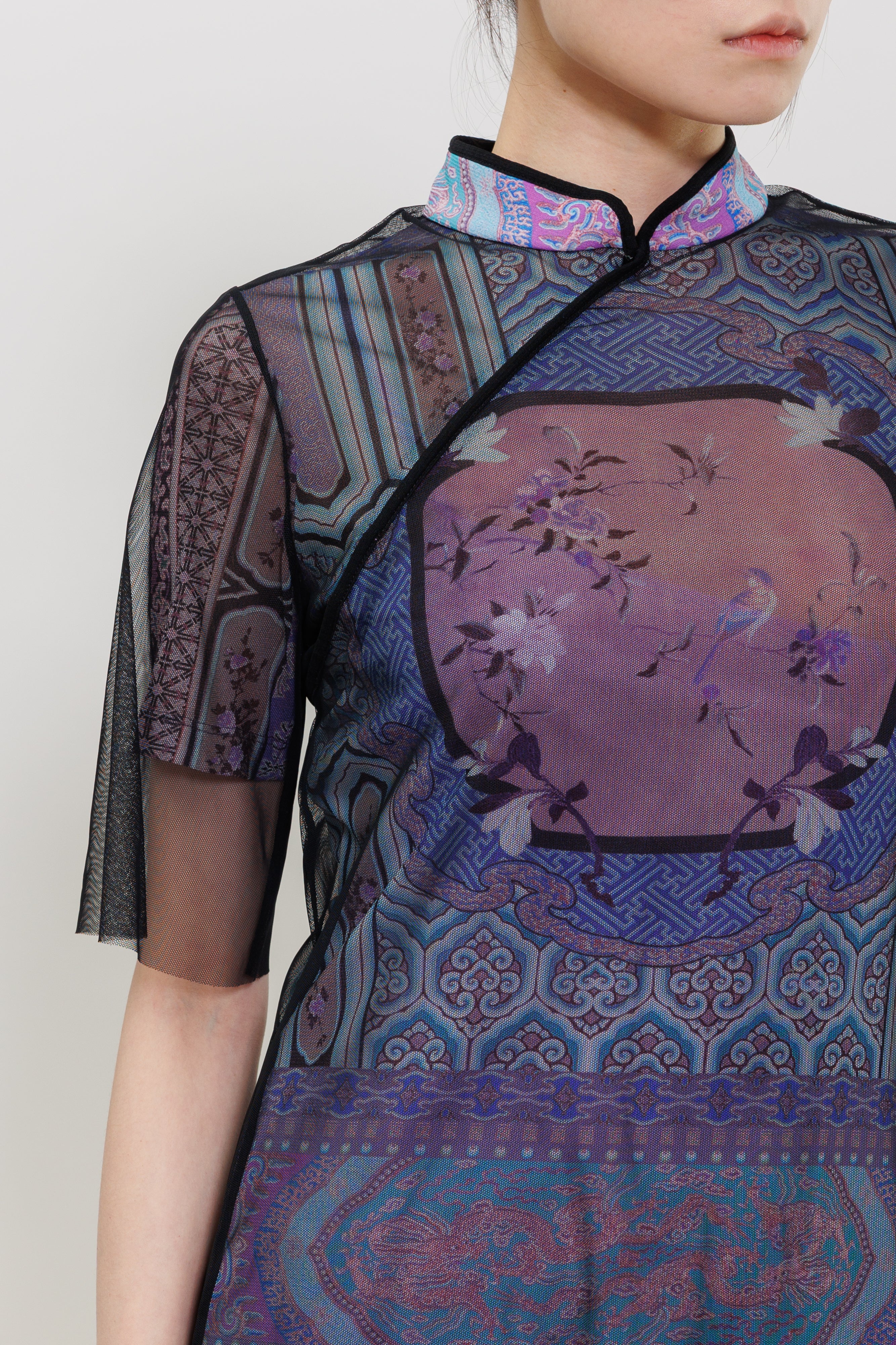 Garden Print Mesh Overlay Qipao Maxi Dress