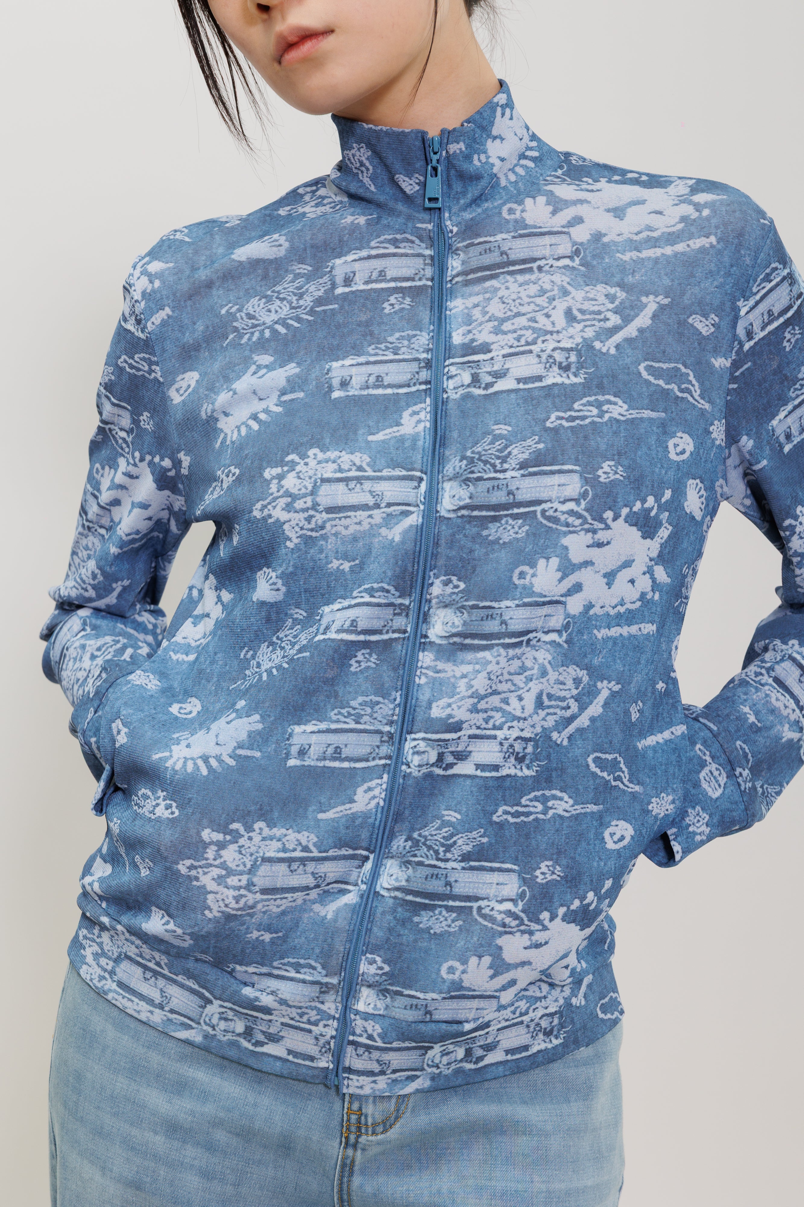 Chinese Button Print Mesh Bomber Jacket