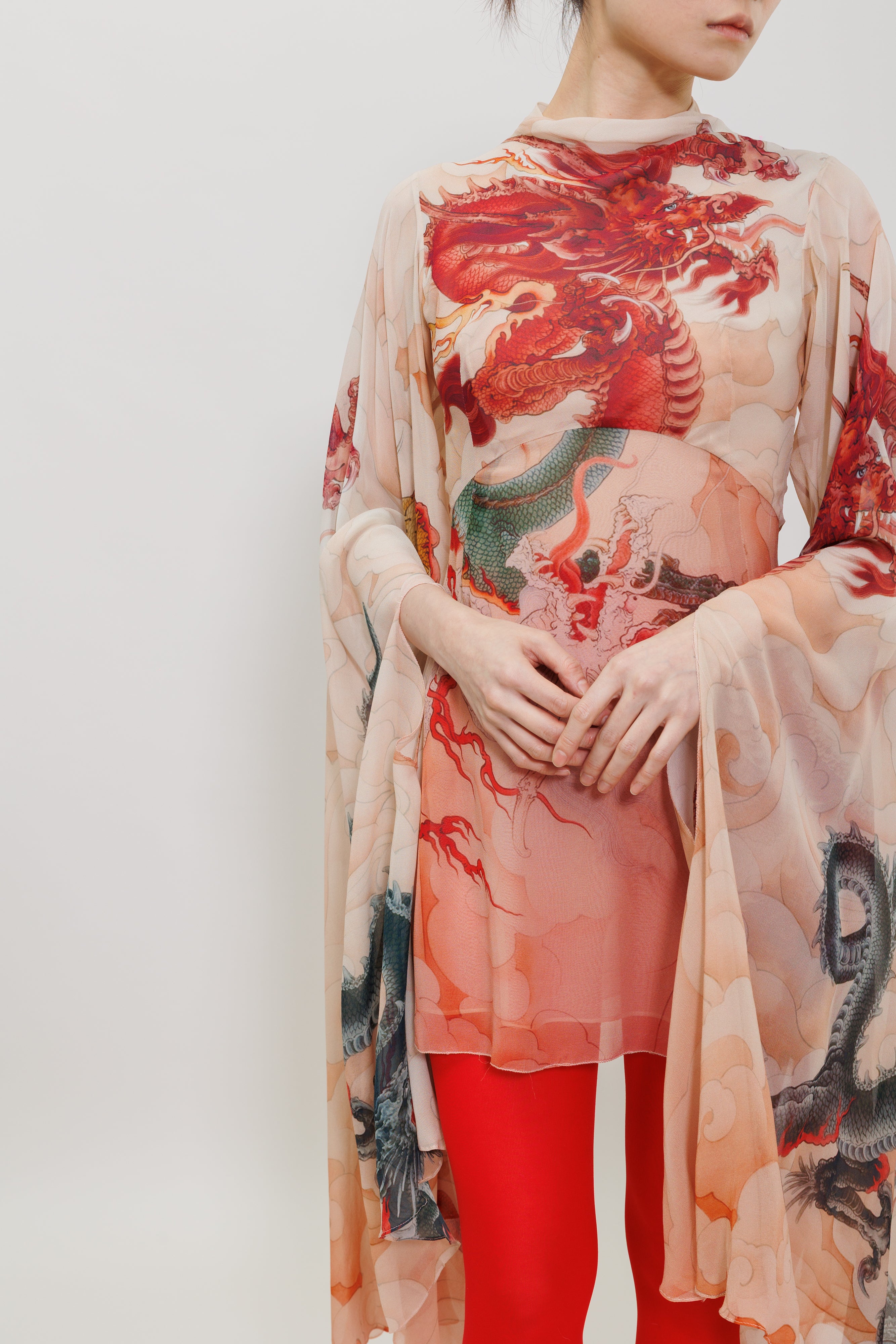 Five Elements Dragon Printed Silk Chiffon Red Mini Dress