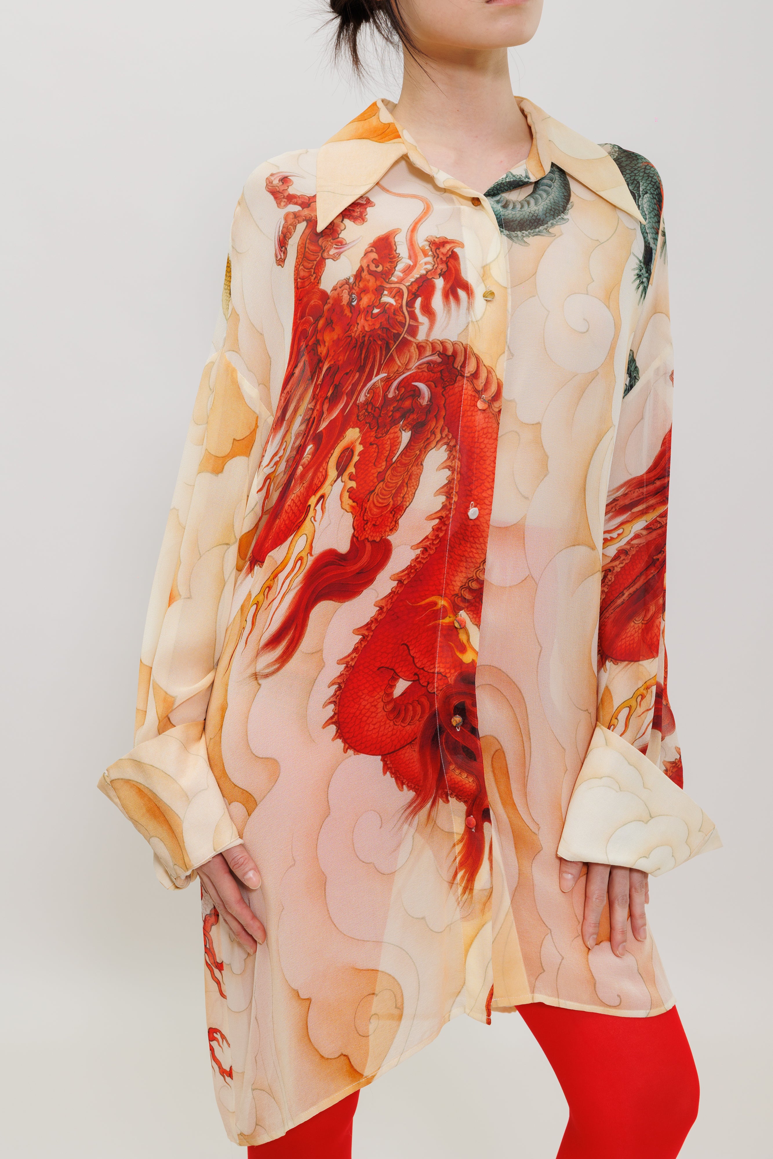 Five Elements Dragon Printed Silk Chiffon Shirt Dress