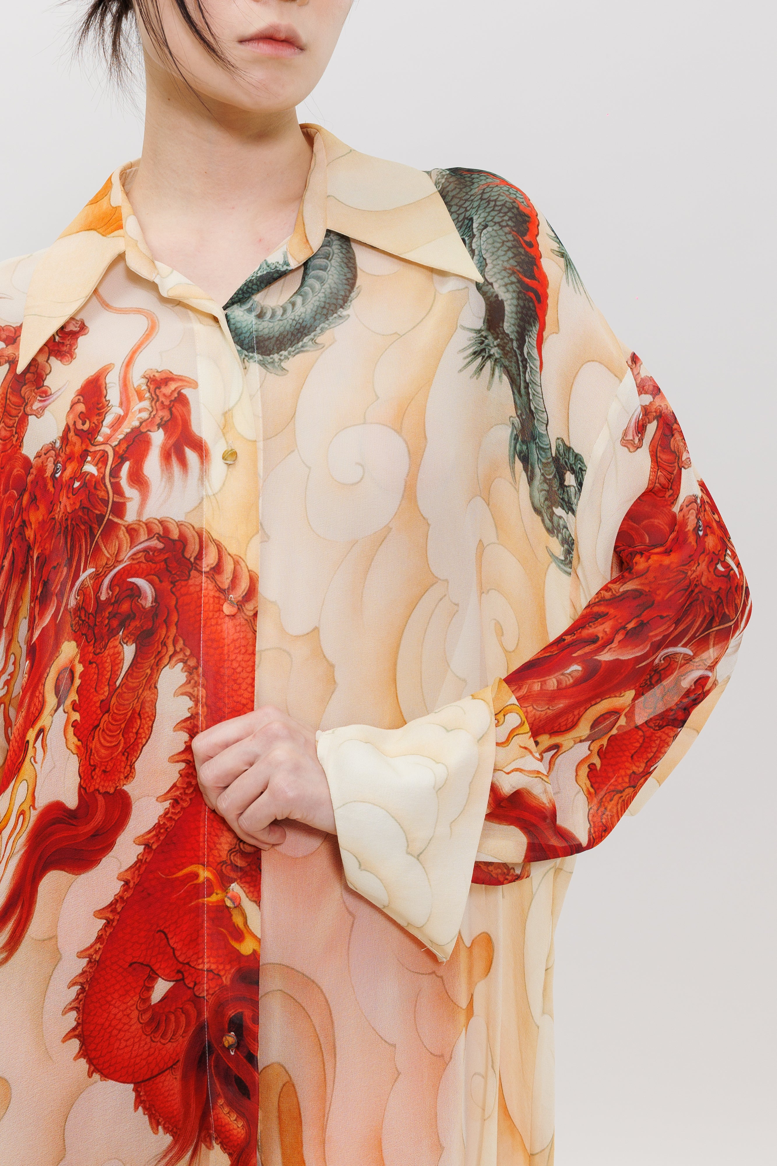Five Elements Dragon Printed Silk Chiffon Shirt Dress