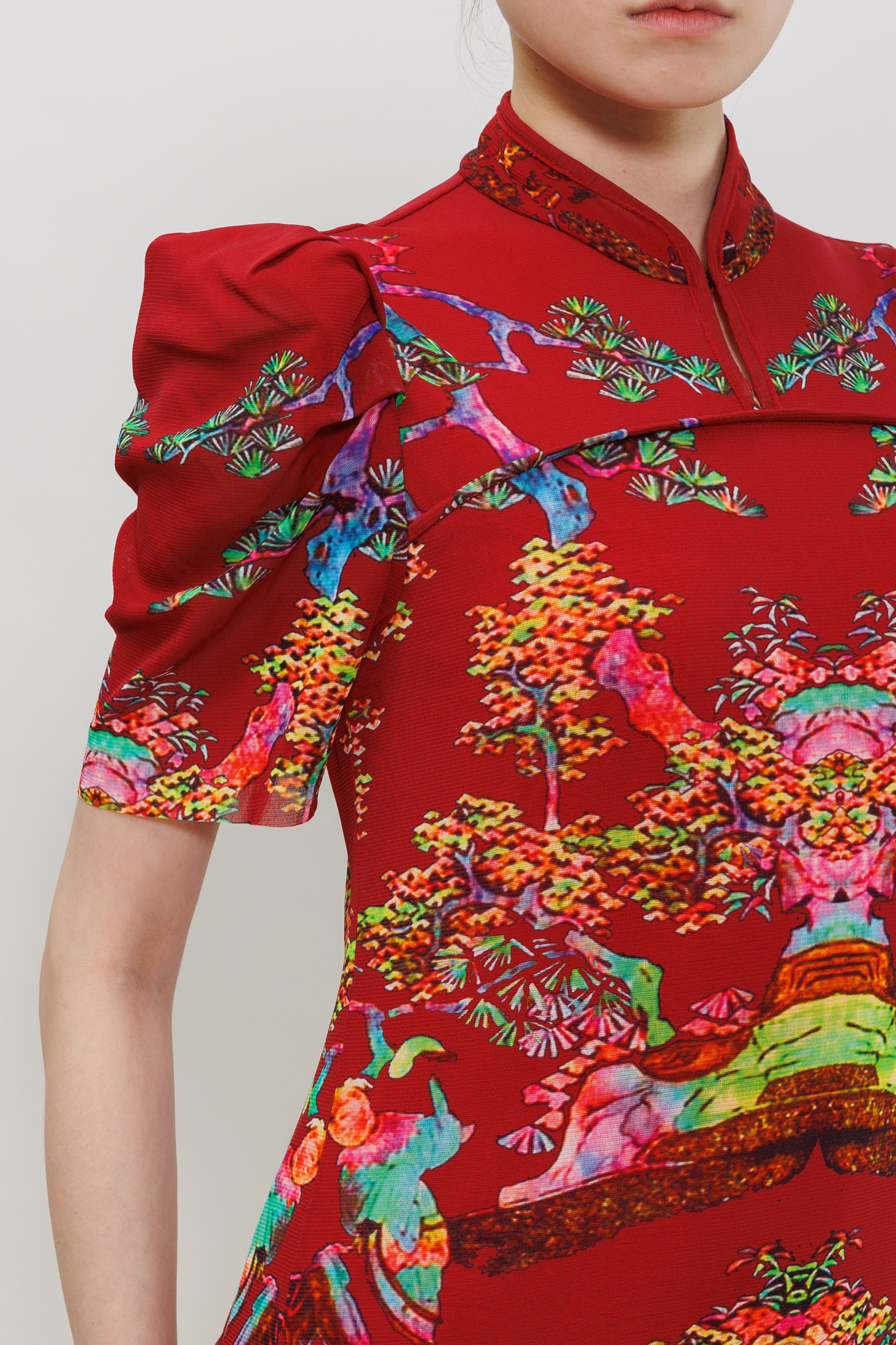 Bonsai Pearl Inlaid Print Puff Sleeve Gown