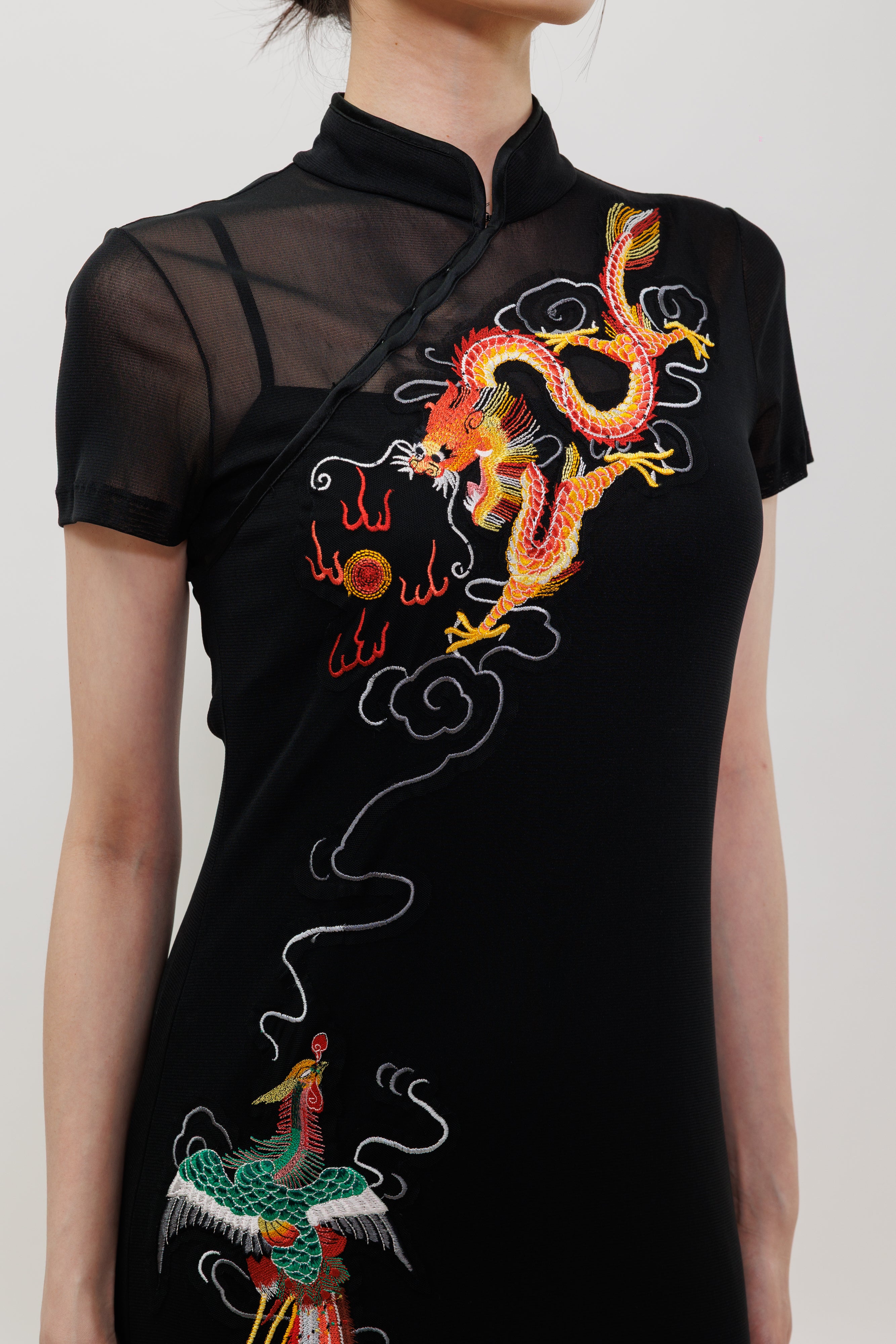 Dragon & Phoenix Embroidery Qipao Maxi Dress